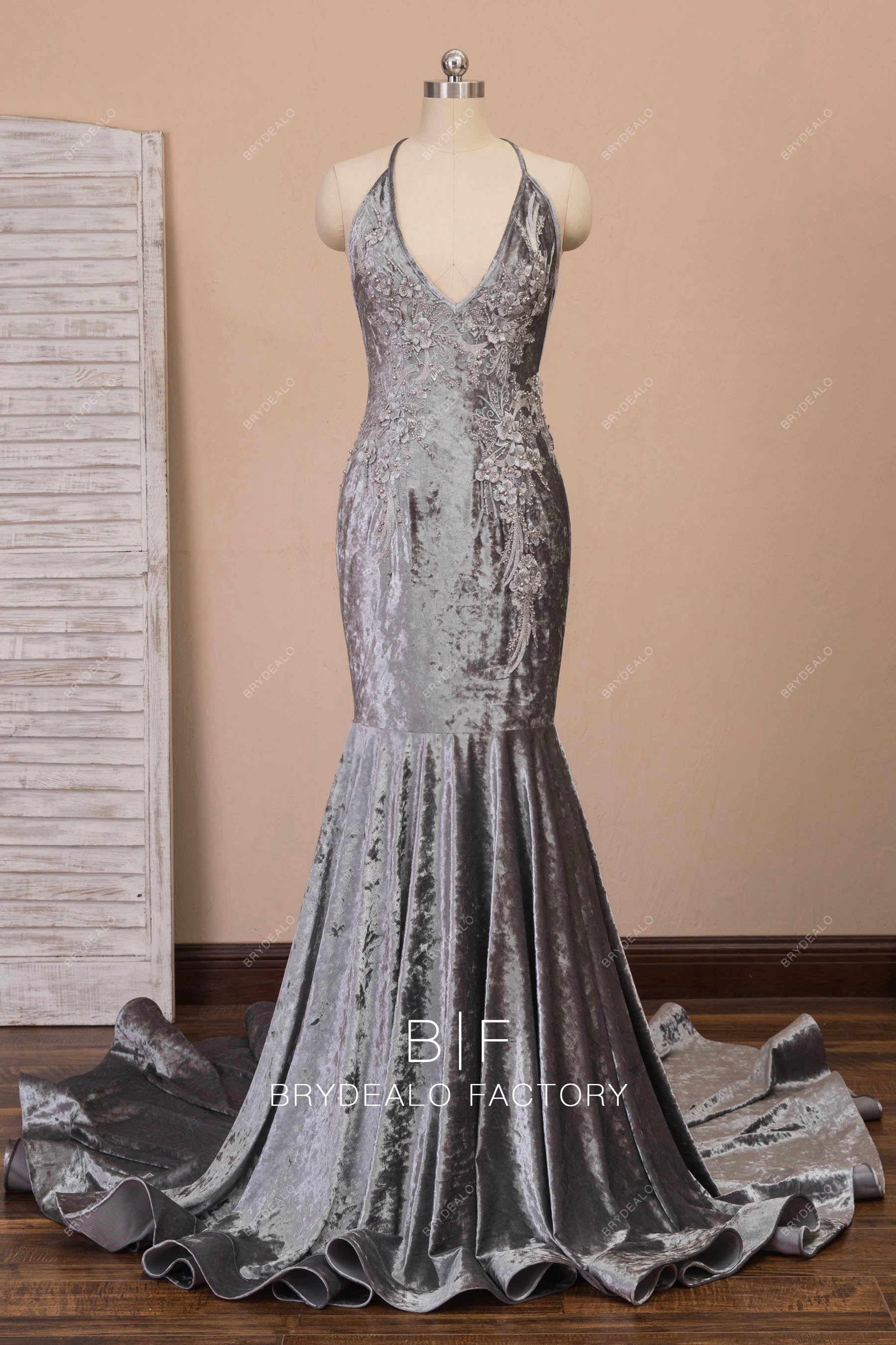 gray velvet plunging neck mermaid prom dress
