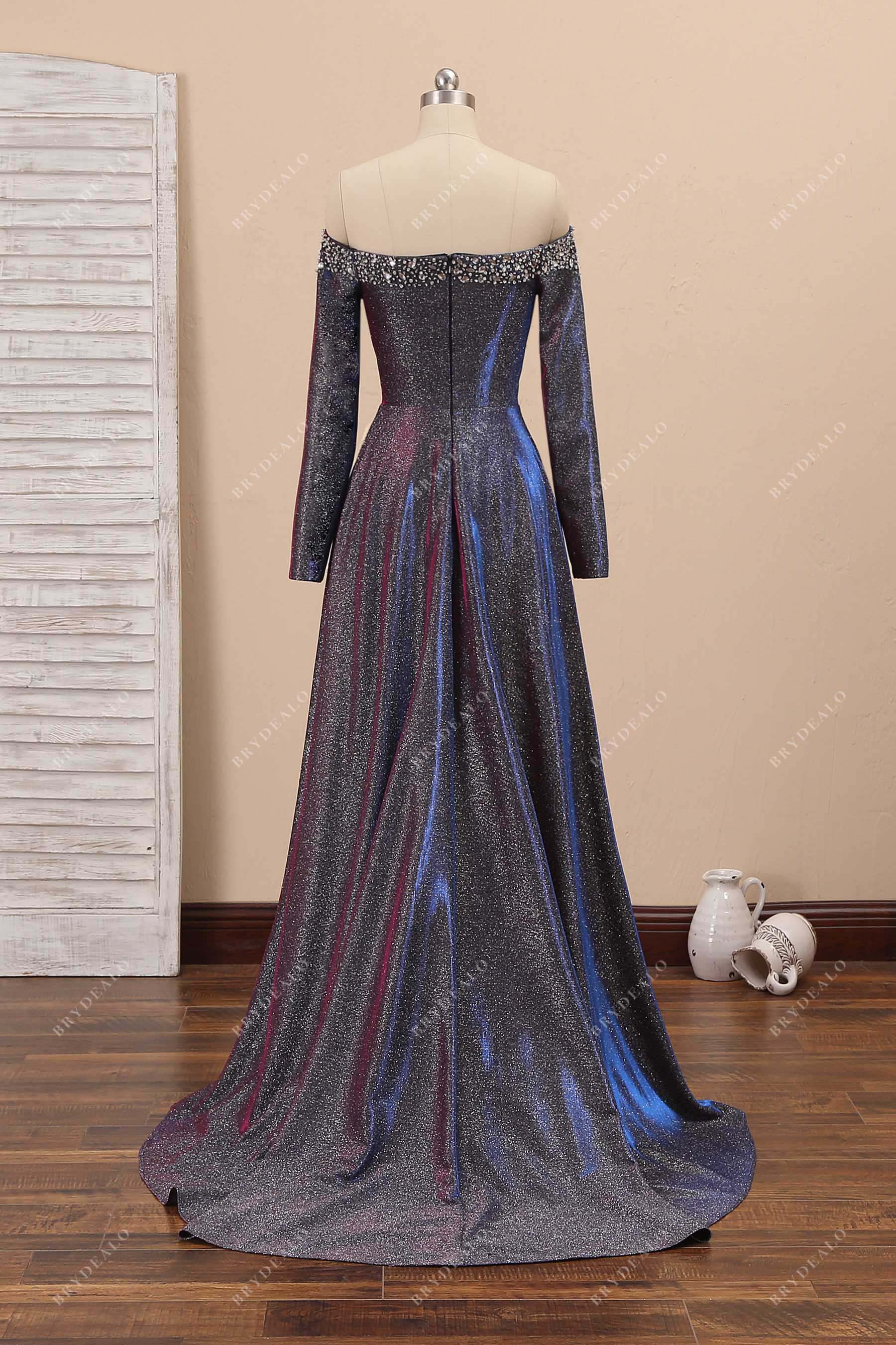 sparkly off shoulder A-line evening dress