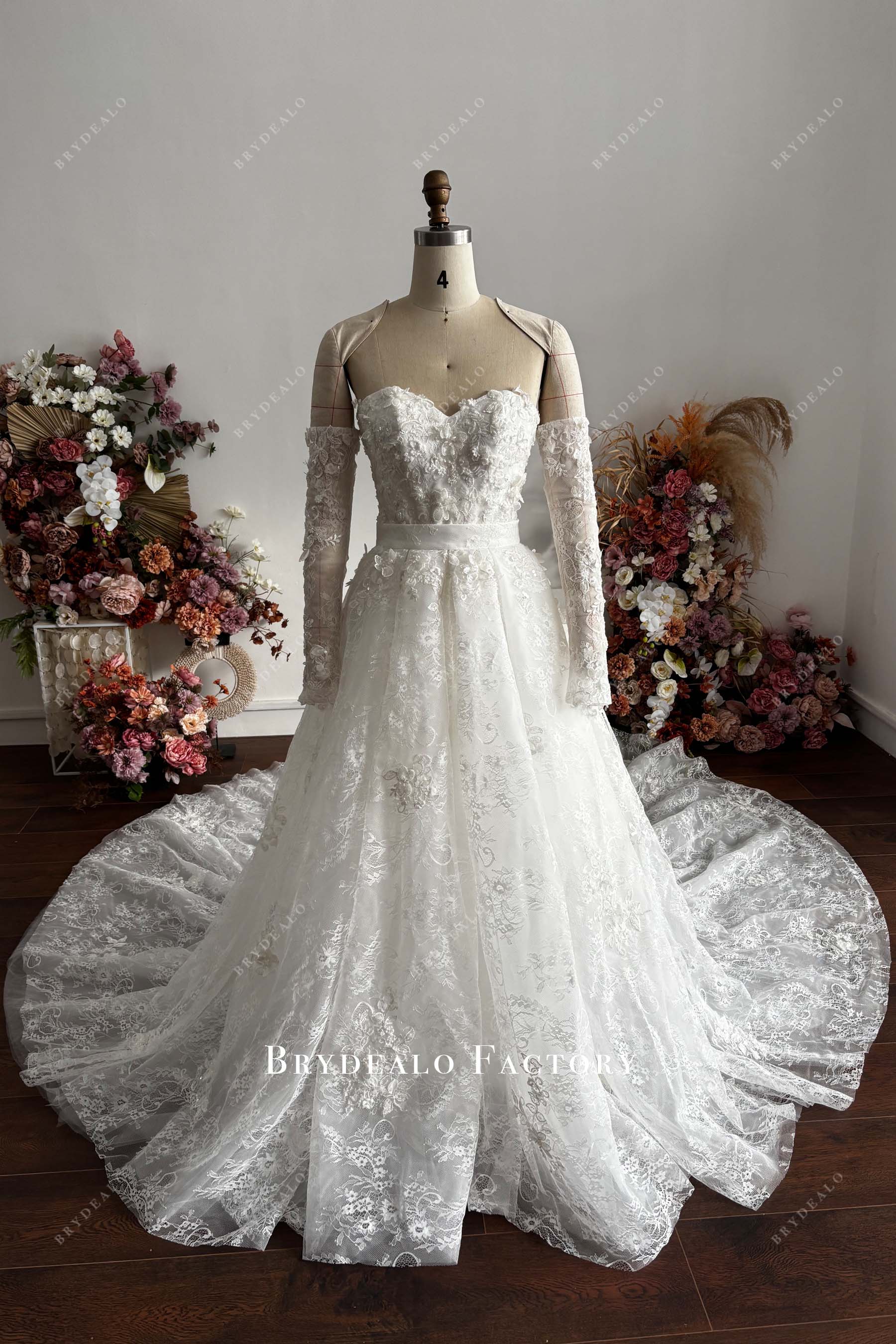 custom 3D lace mermaid overskirt wedding dress
