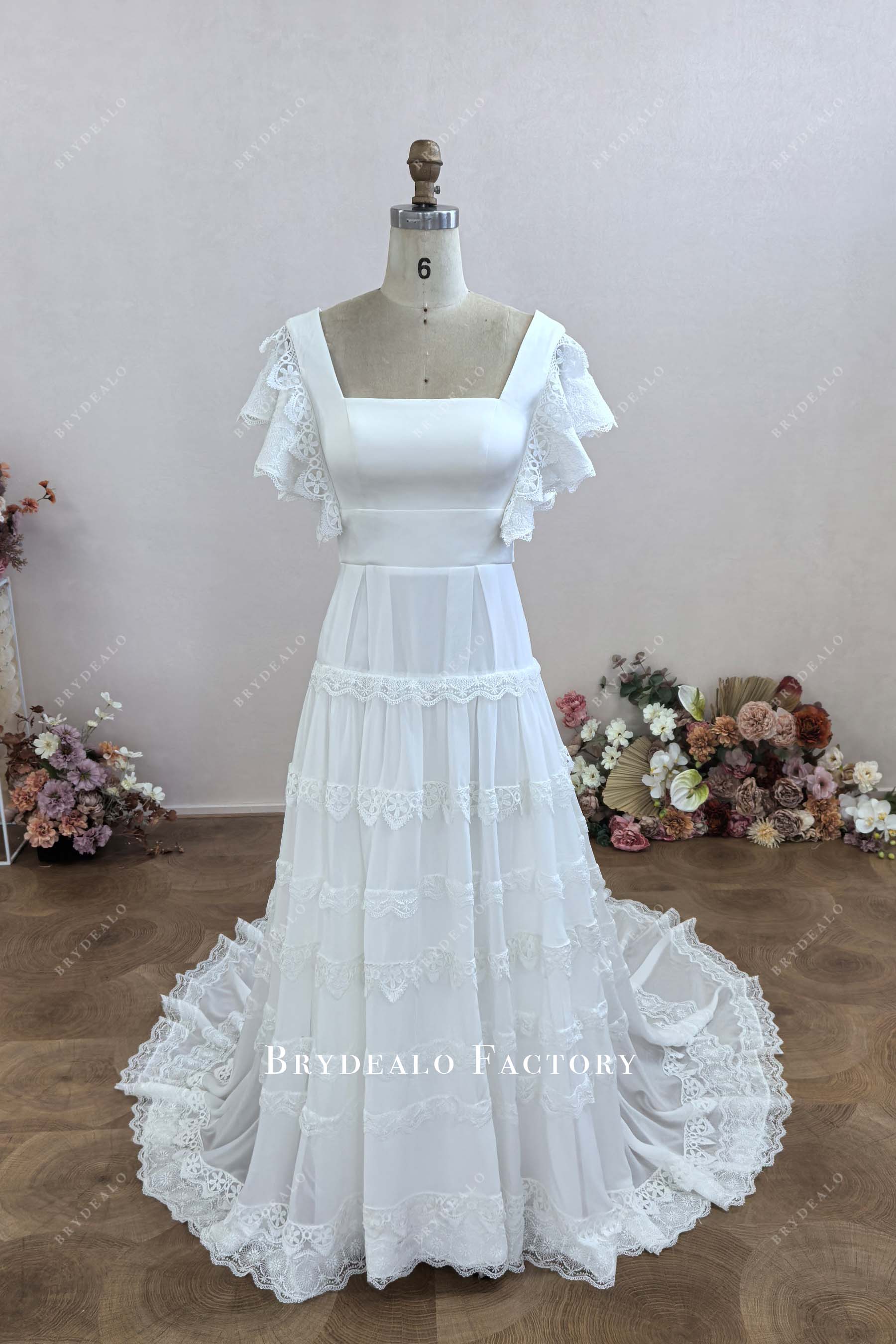 Custom Lace Trims A-line Boho Chapel Train Wedding Dress