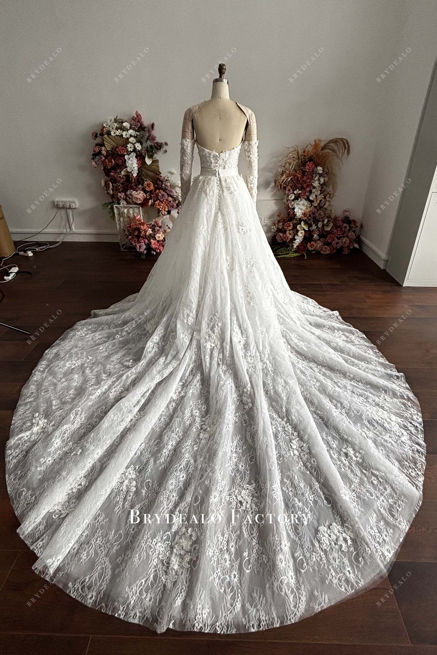 designer lace cathedral train A-line wedding dress