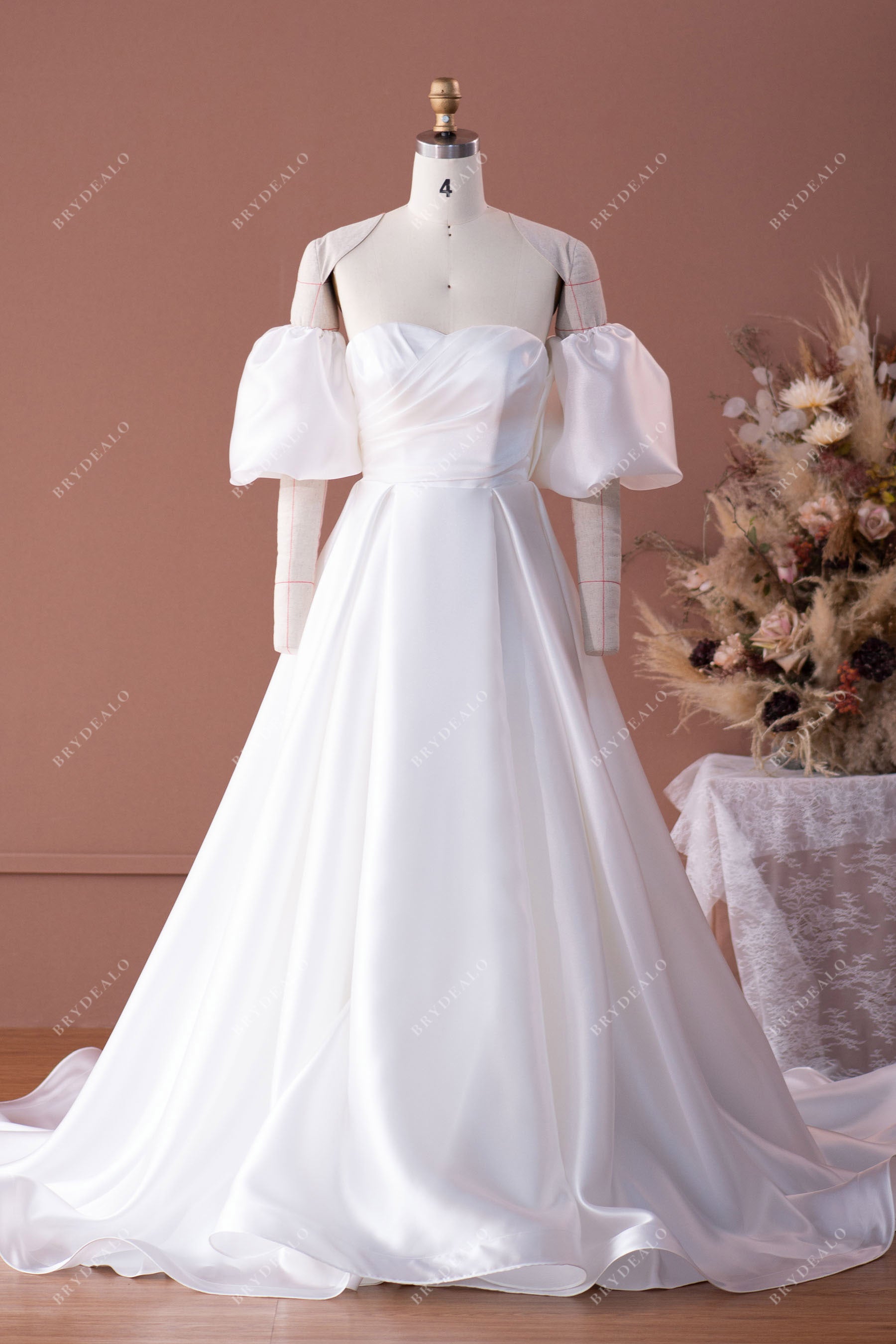 strapless organza pleated wedding dress