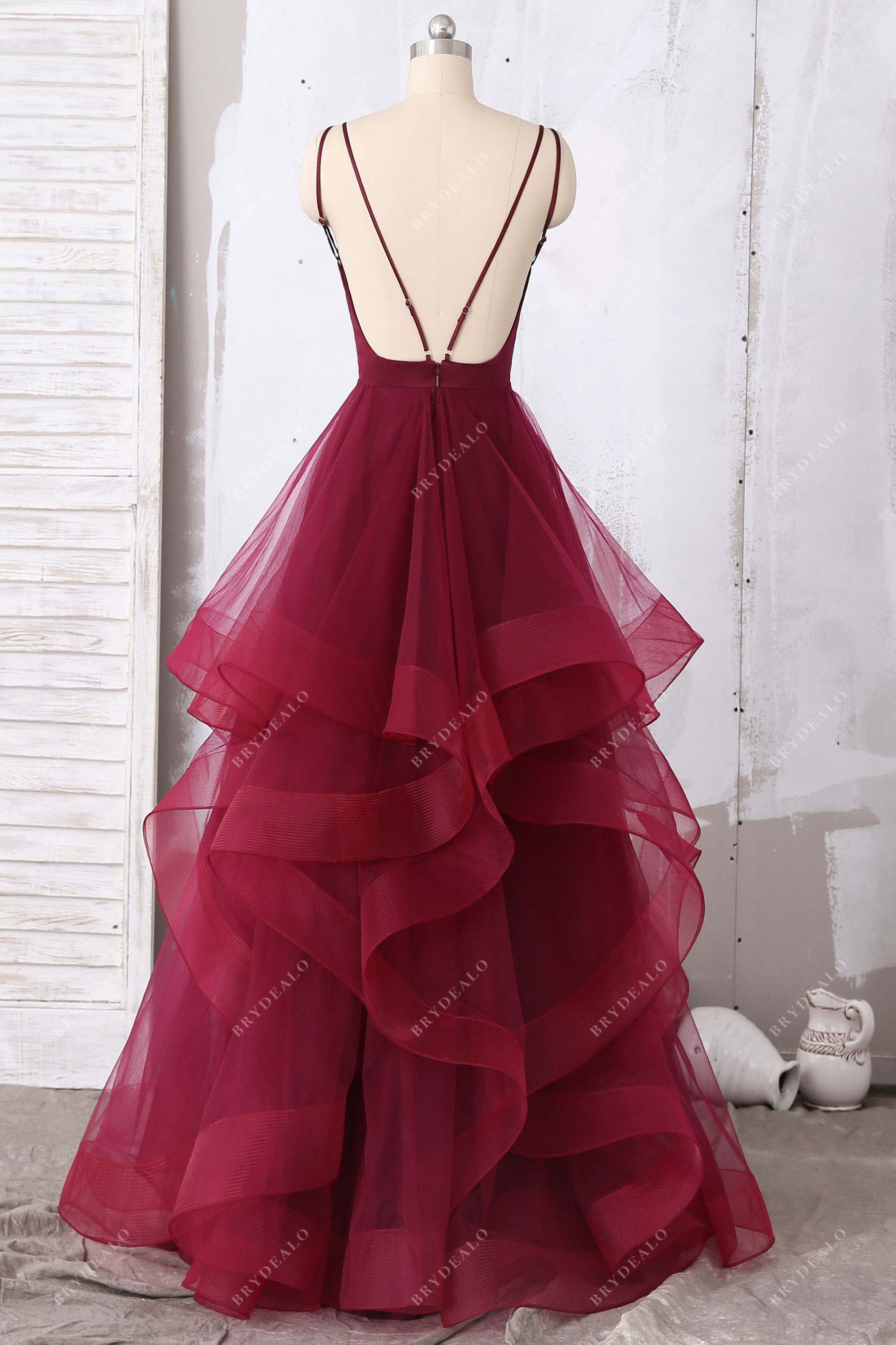 spaghetti straps open back tulle prom dress