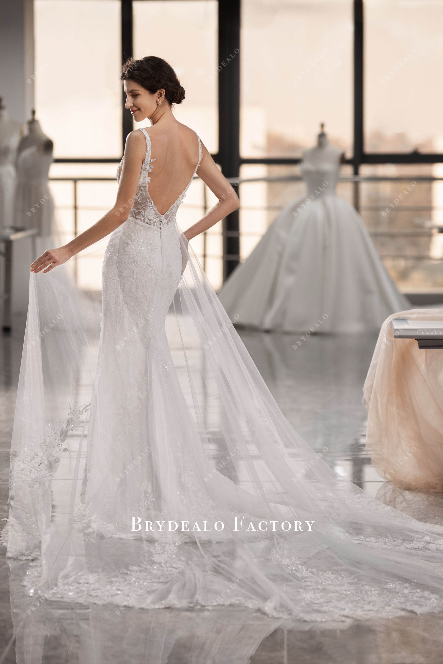 dreamy overskirt open back lace mermaid wedding dress