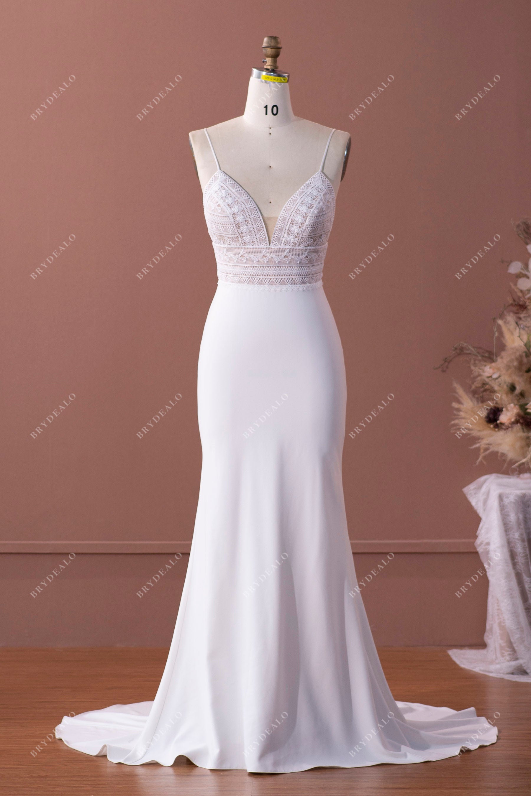 spaghetti straps lace crepe mermaid wedding dress