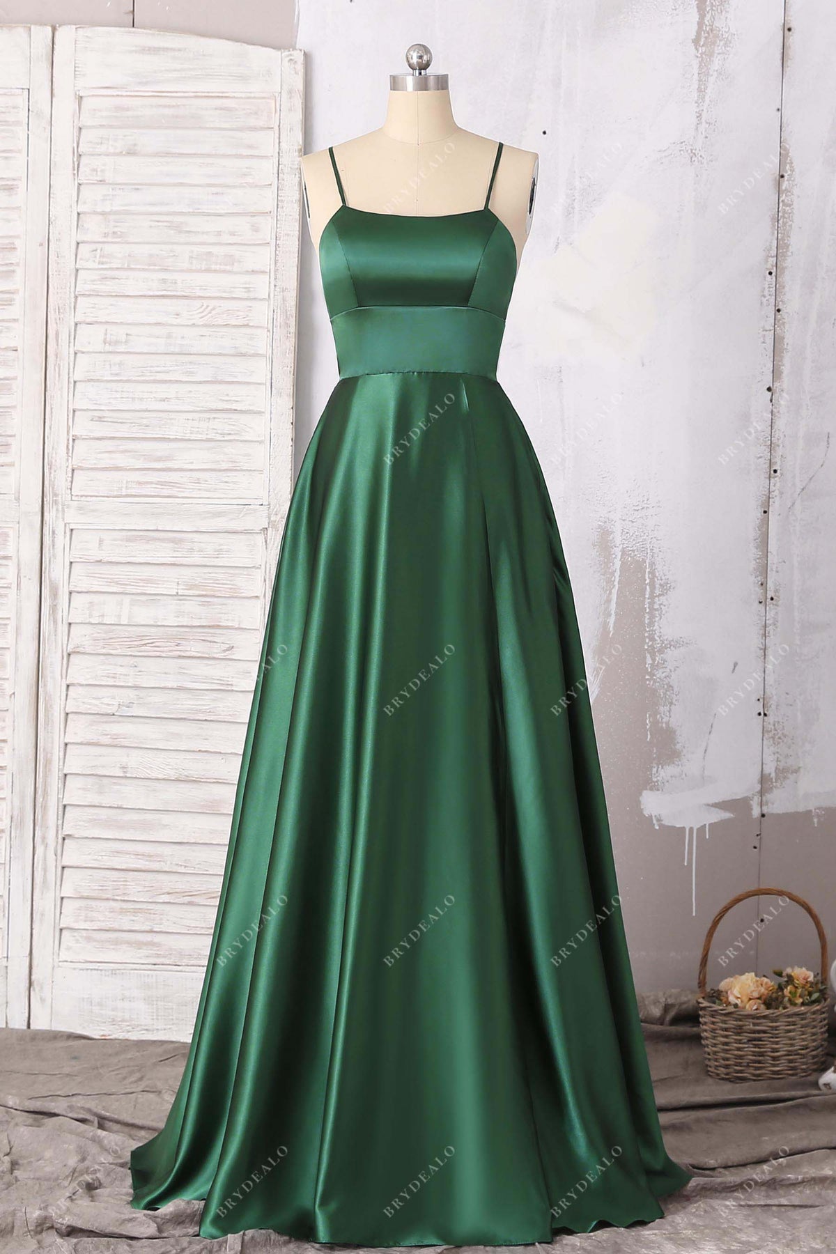 Emerald Green Strappy Back Sexy Slit A-line Satin Dress Brydealo Emerald Green Strappy Back Sexy Slit A-line Satin Dress Brydealo
