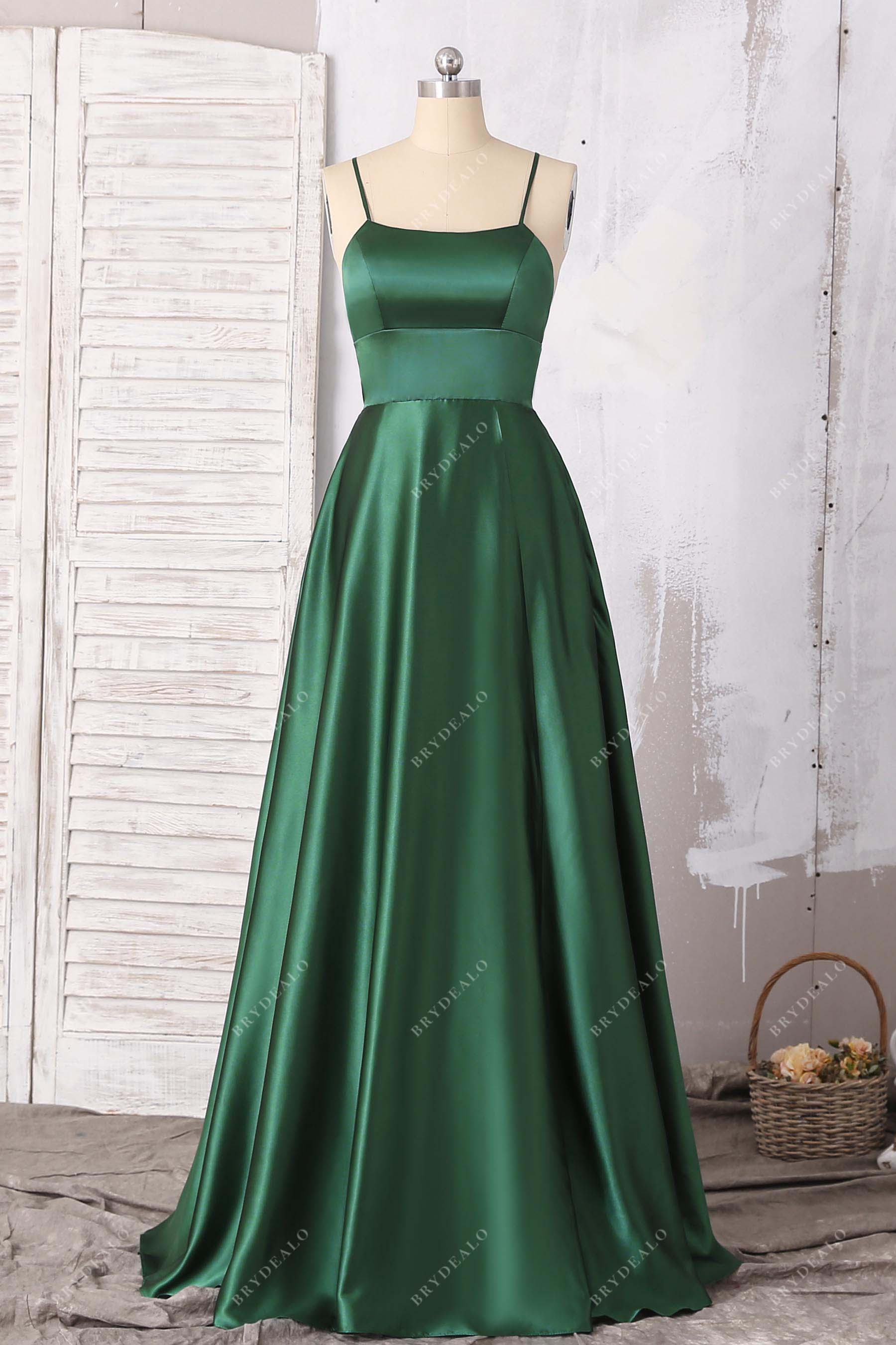 emerald green thin strap satin slit prom dress