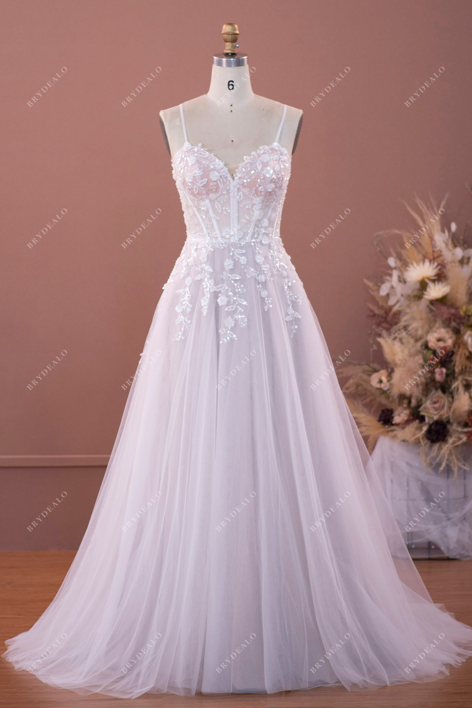 thin straps sweetheart neck A-Line wedding dress