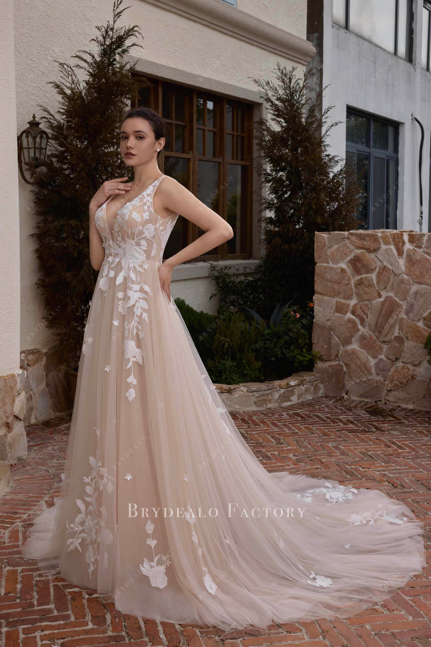 exquisite lace chapel train bridal gown