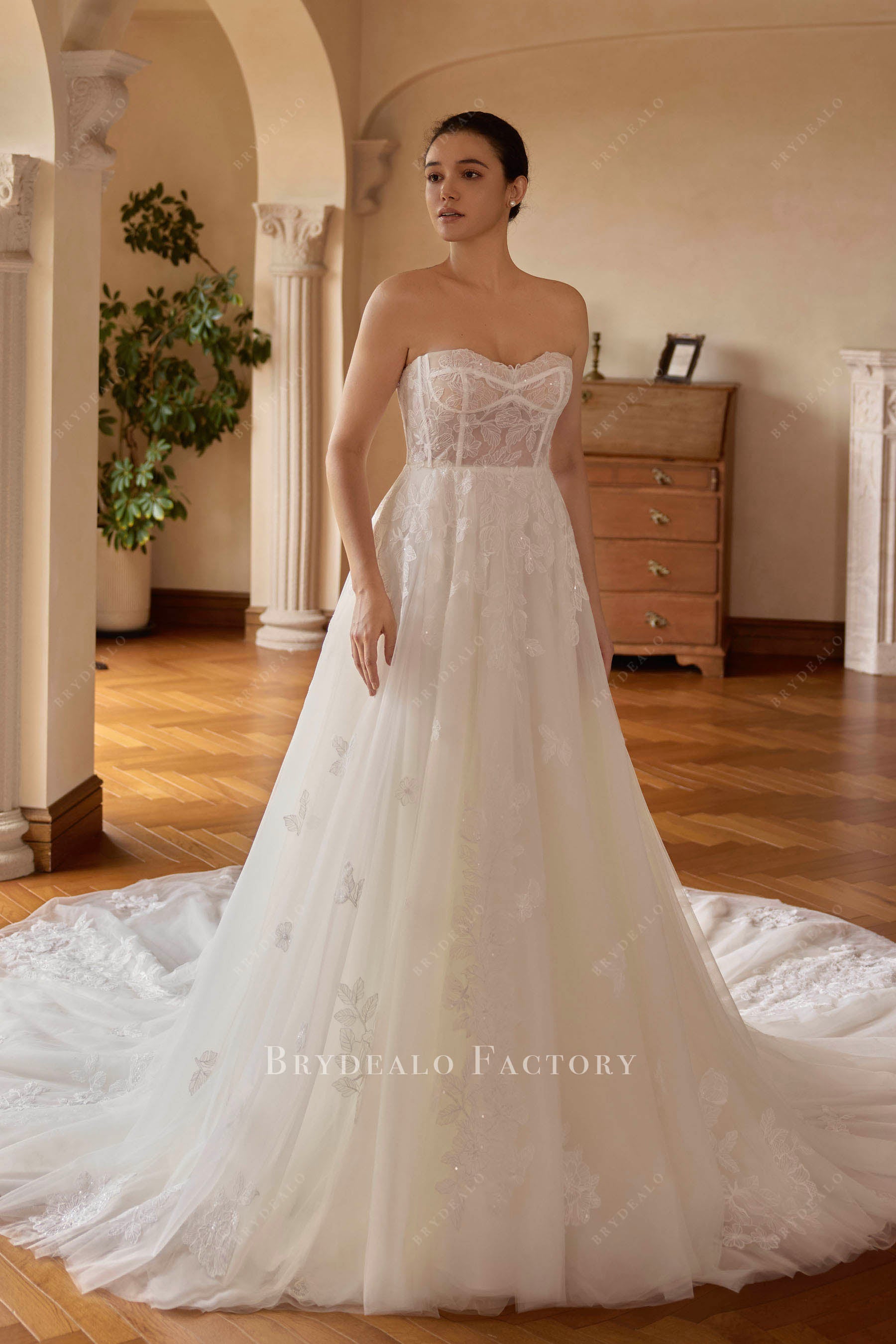 floral lace strapless wedding dress