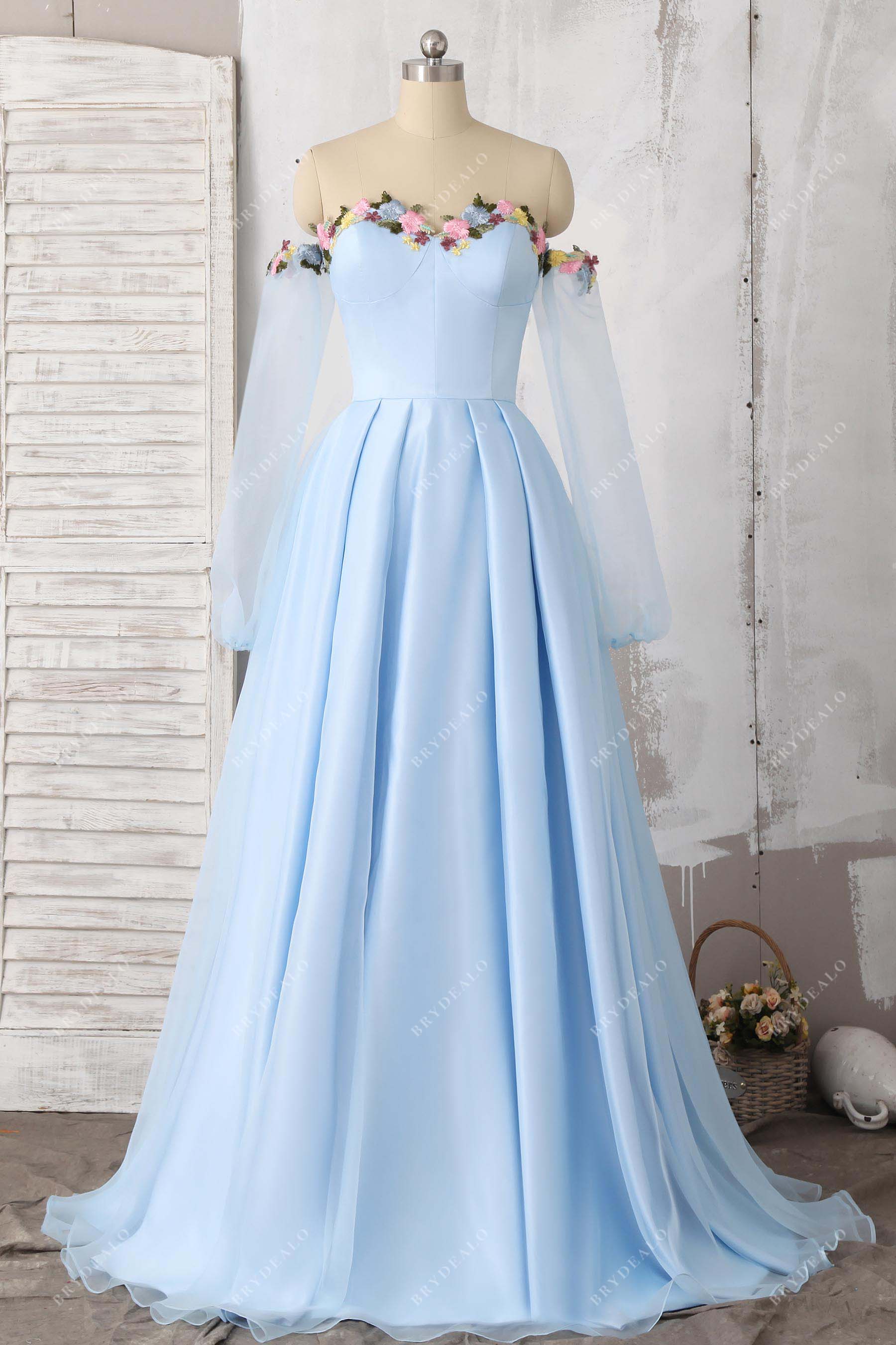sky blue off shoulder A-line prom dress