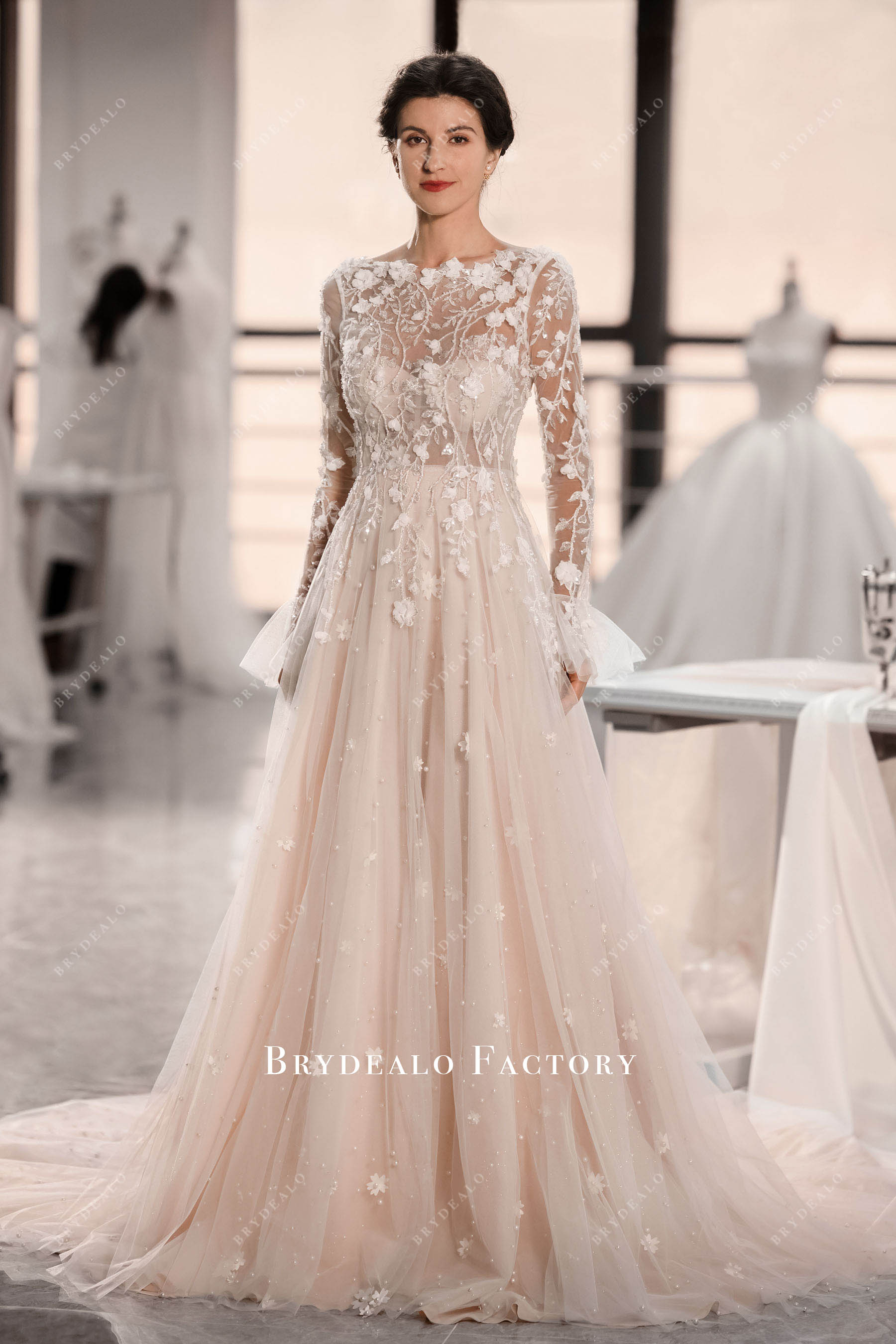 flower tulle long sleeves separate robe Aline wedding dress