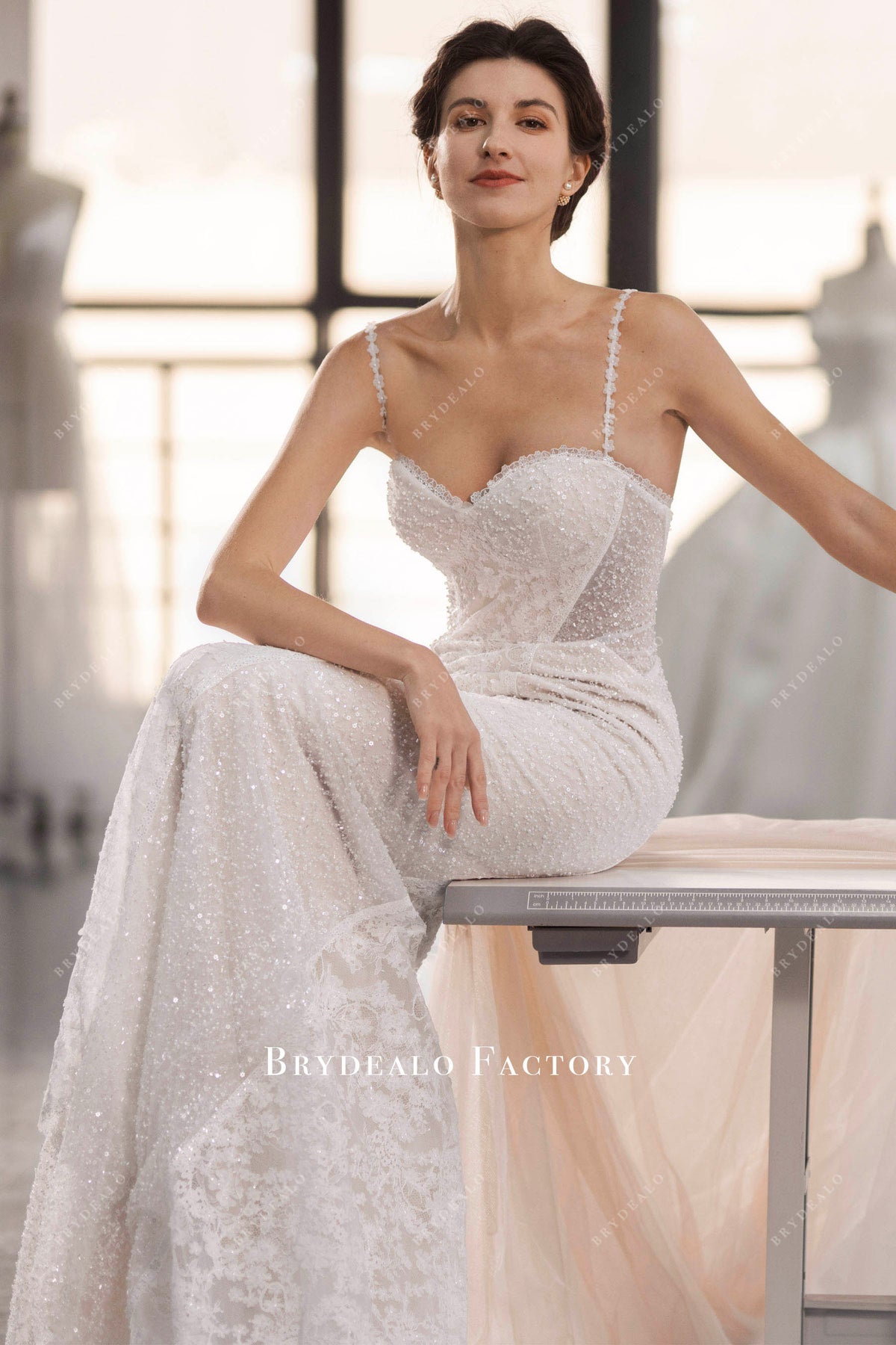 Dreamy Blue Strapless Accordion Pleated Skirt Beaded Train Wedding Dress P3011 main image 0