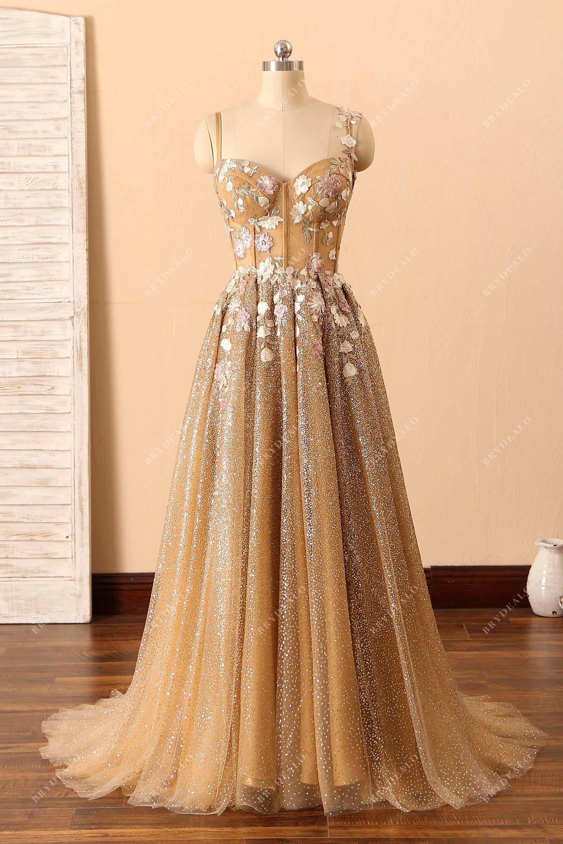 shimmery thin straps A-line prom dress