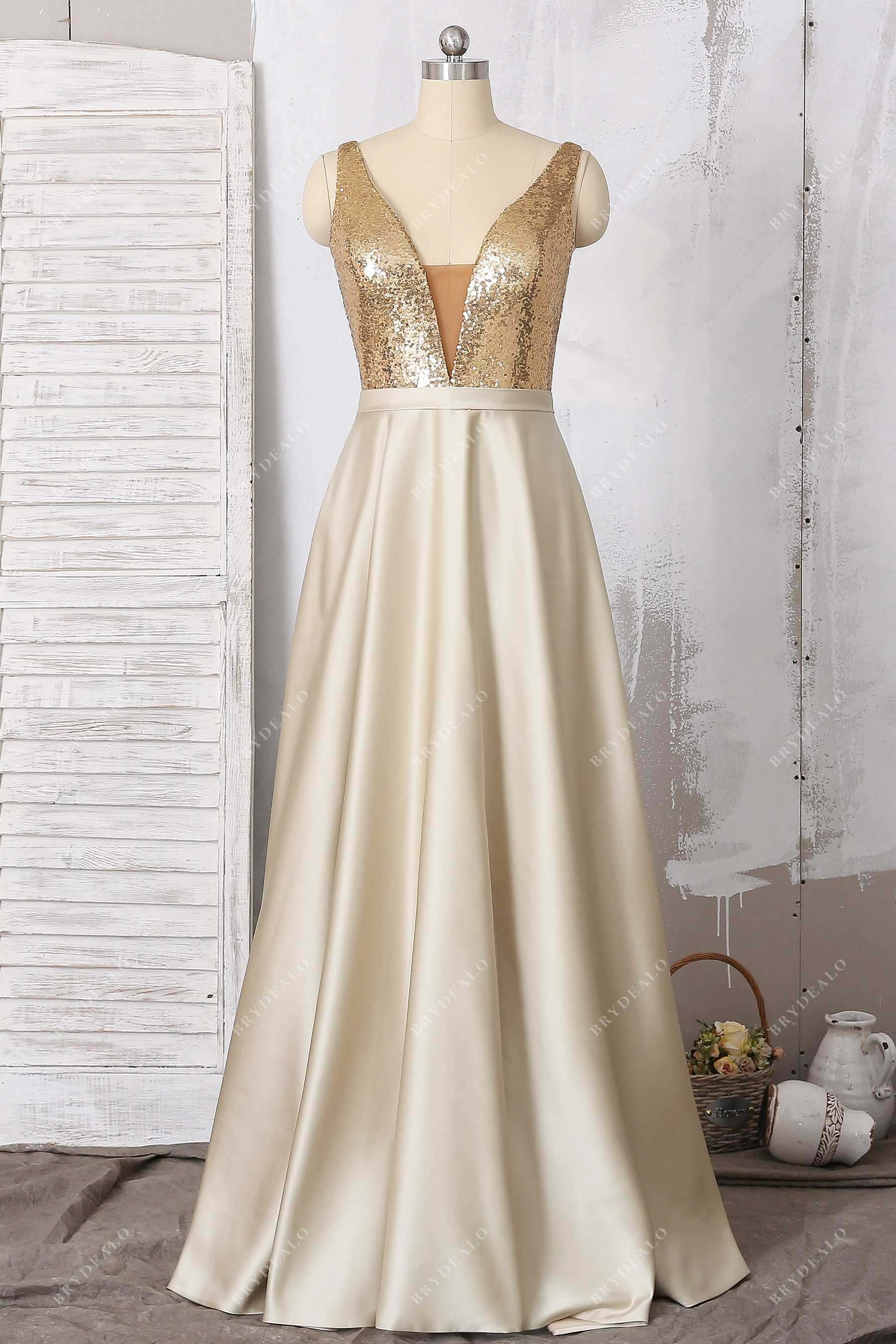 gold sequin sleeveless satin A-line prom dress