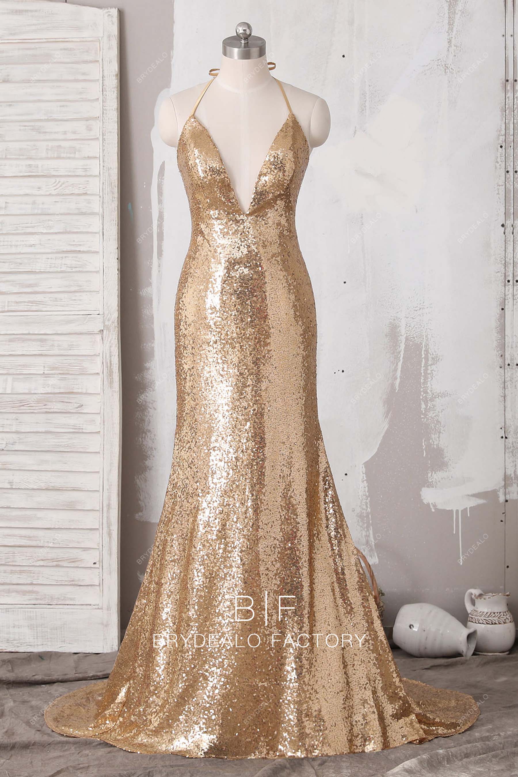 plunging neck halter sequin mermaid prom dress