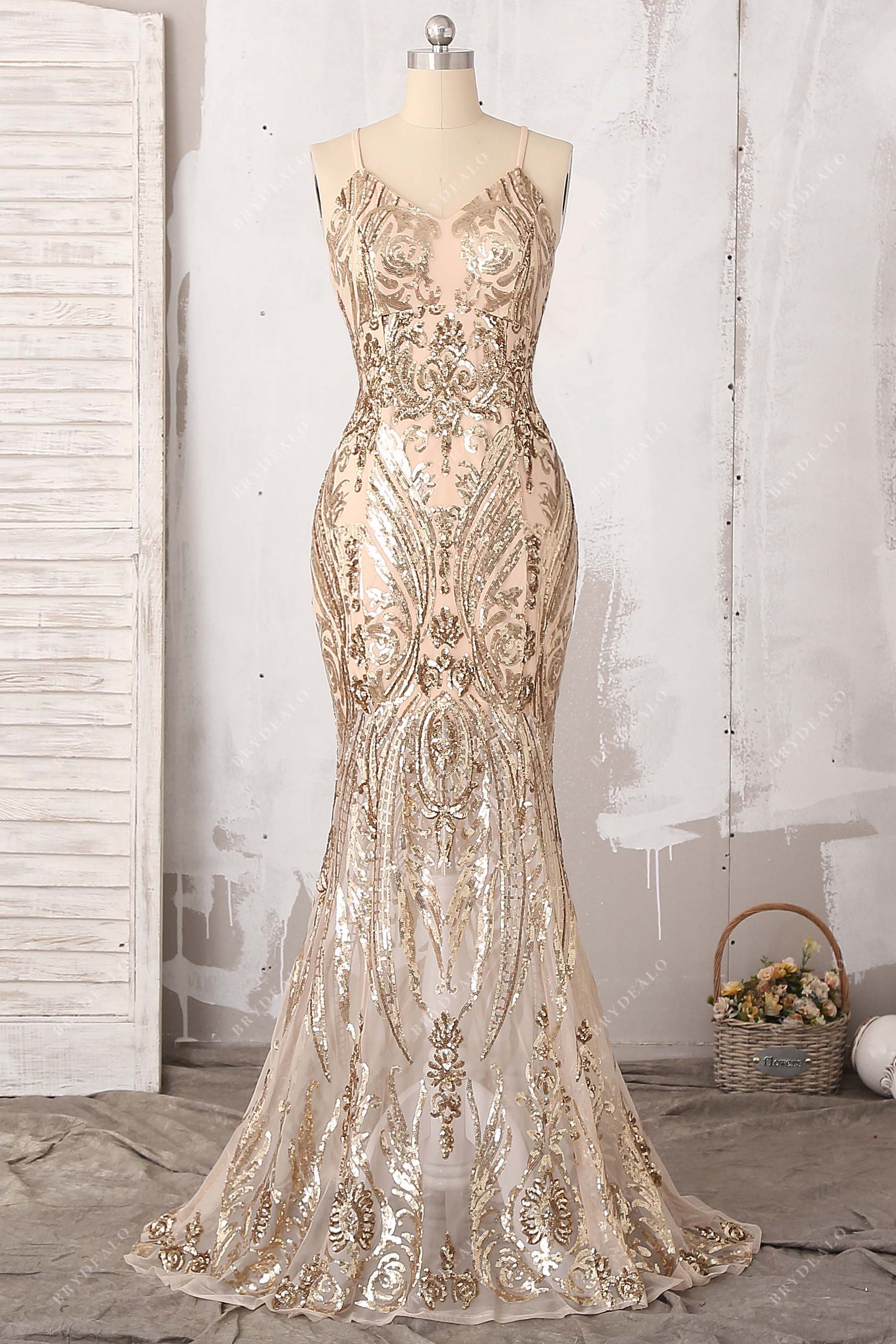Unique Gold Sequin V-neck Mermaid Prom Dress