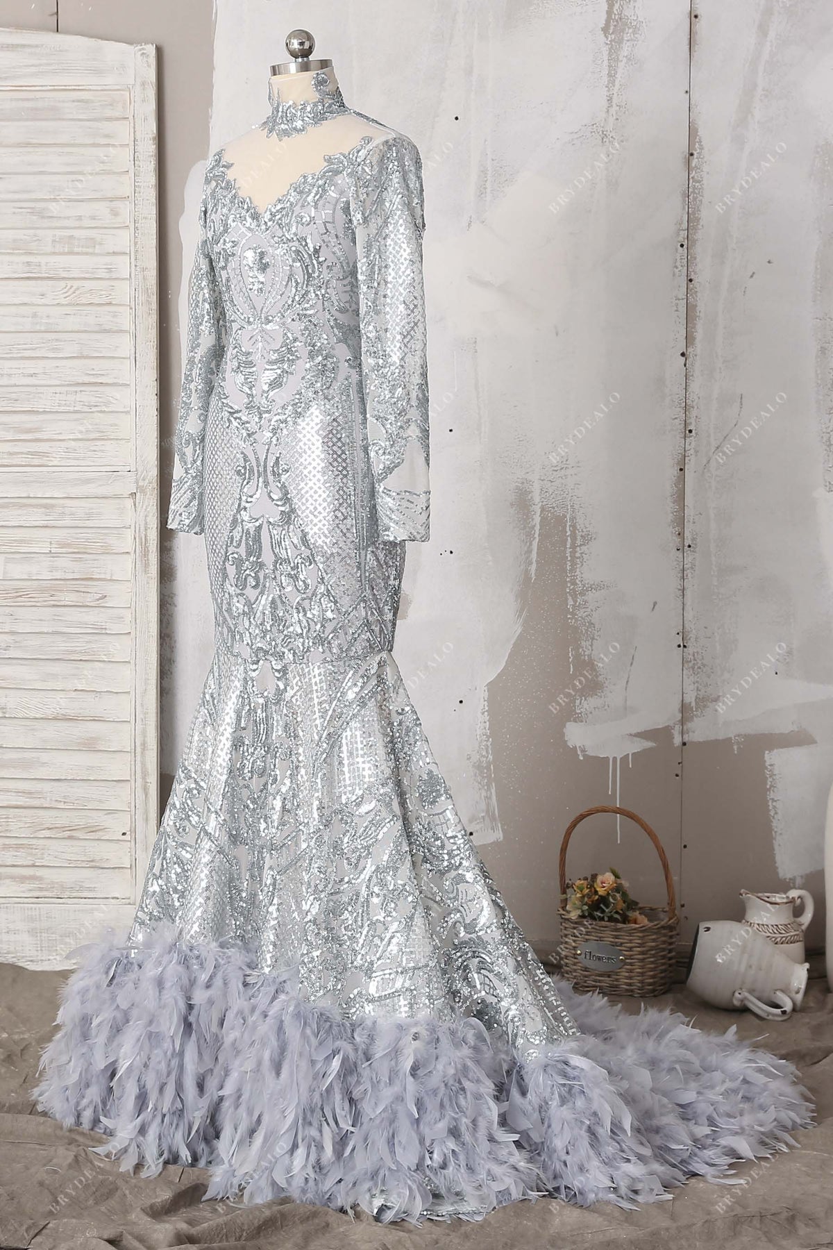 Silver Sequin Feather Mermaid Prom Dress – Brydealo