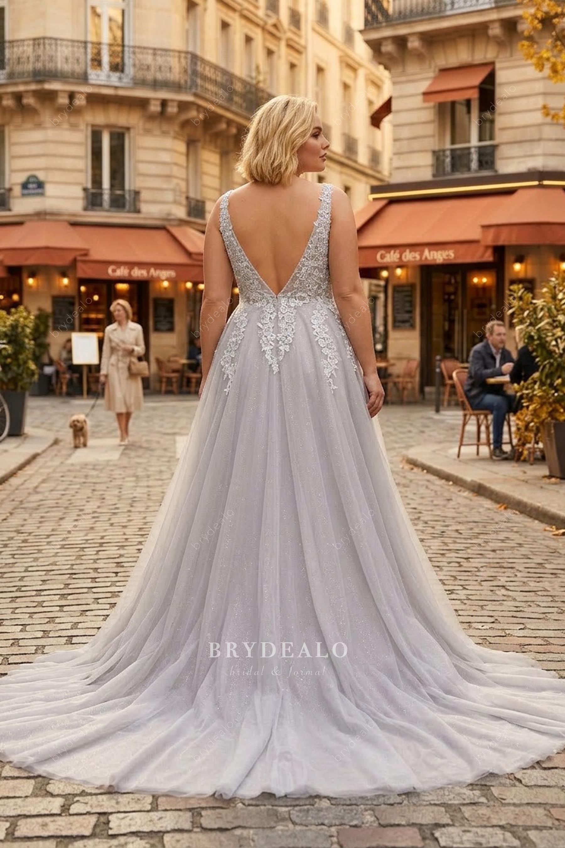 grey glitter tulle beaded lace a-line prom gown