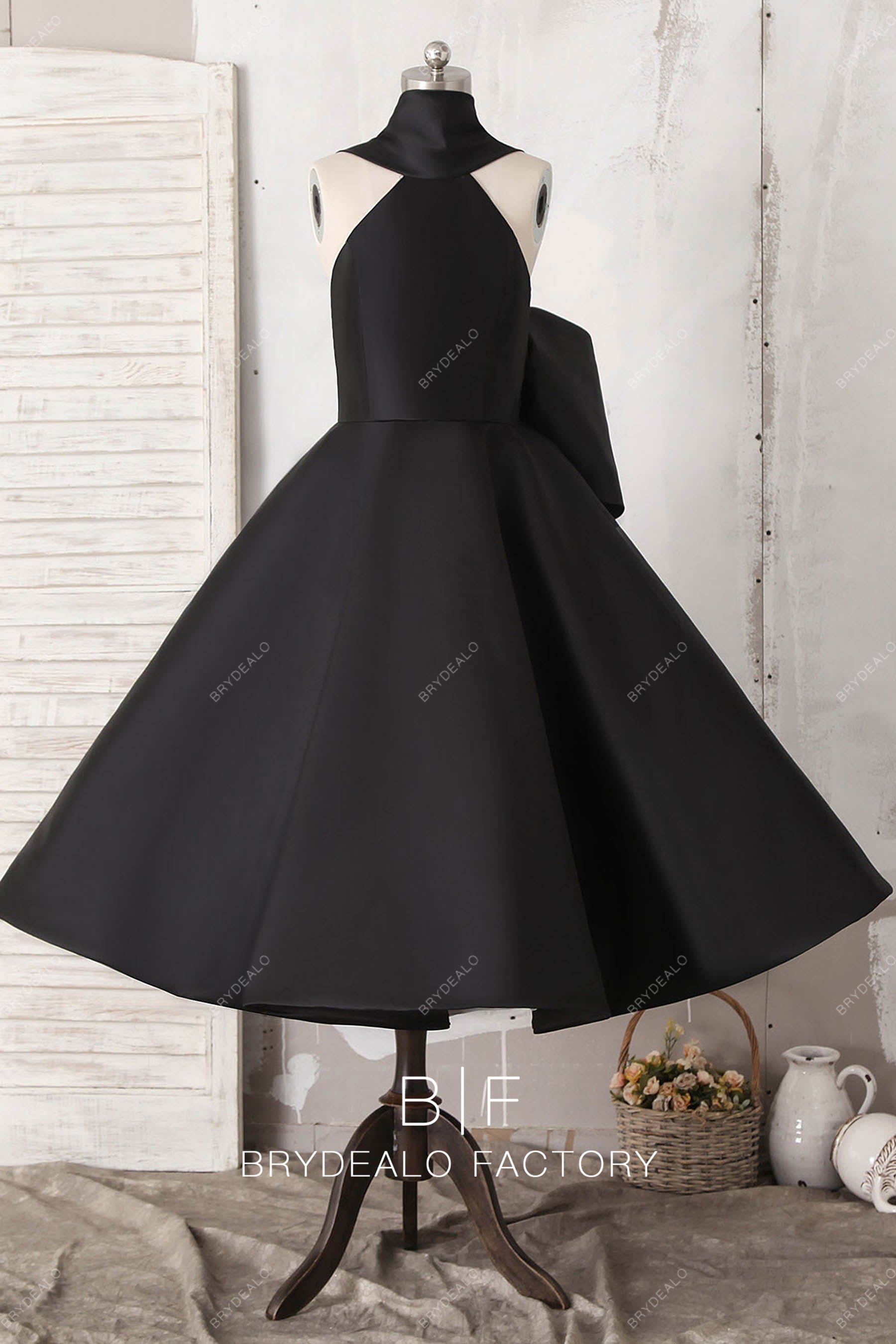 black satin halter midi prom dress