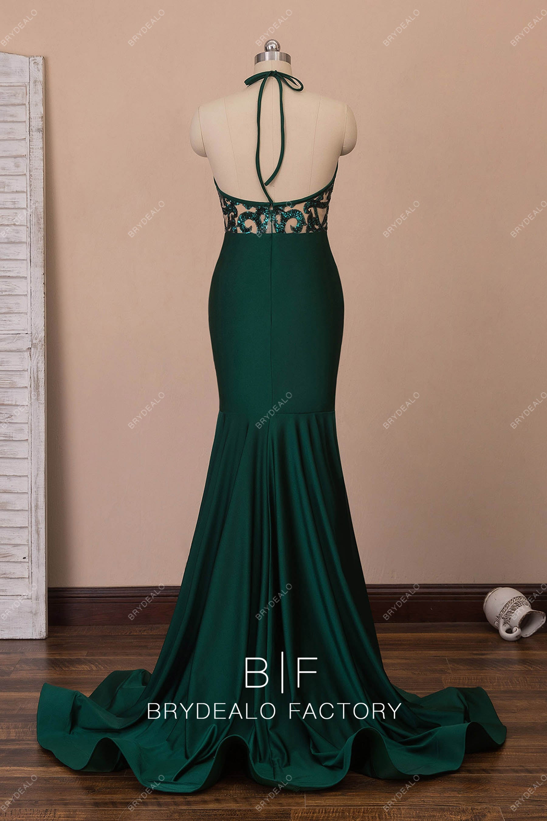 halter open back mermaid formal gown