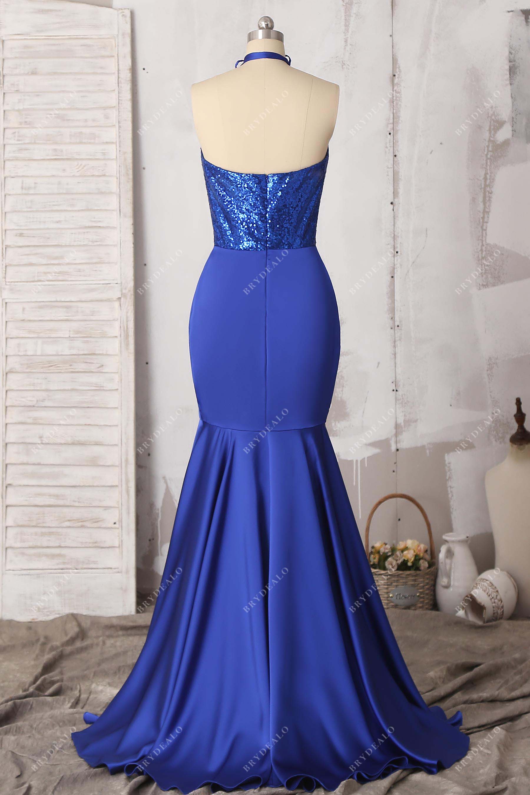 halter open back stain formal dress