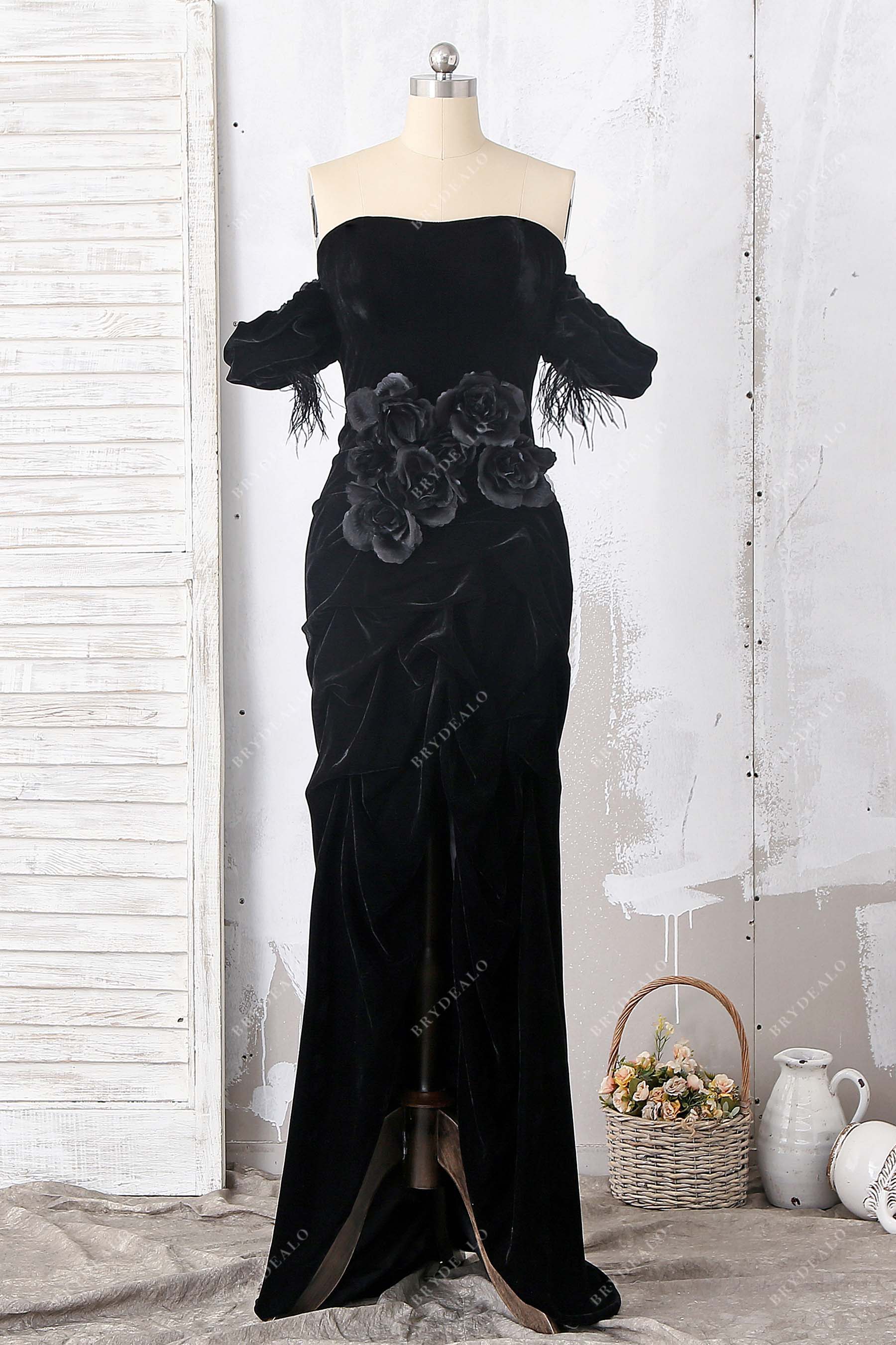 black off shoulder slit prom dress
