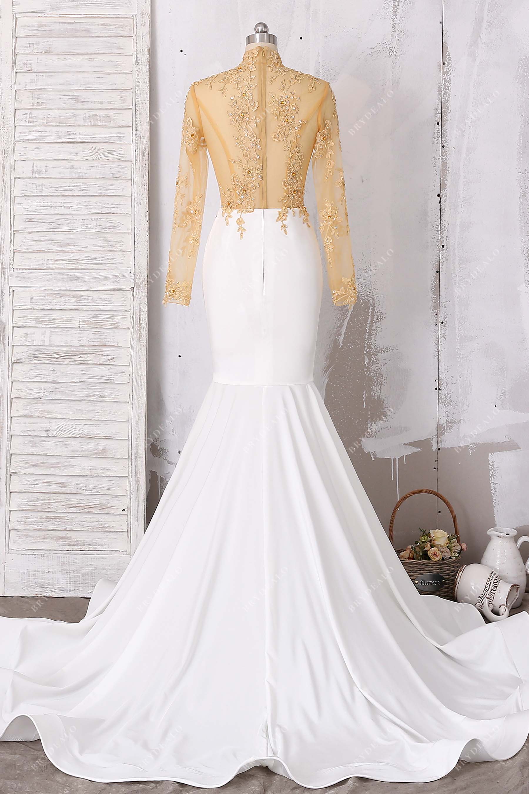 illusion back jersey trumpet prom dress