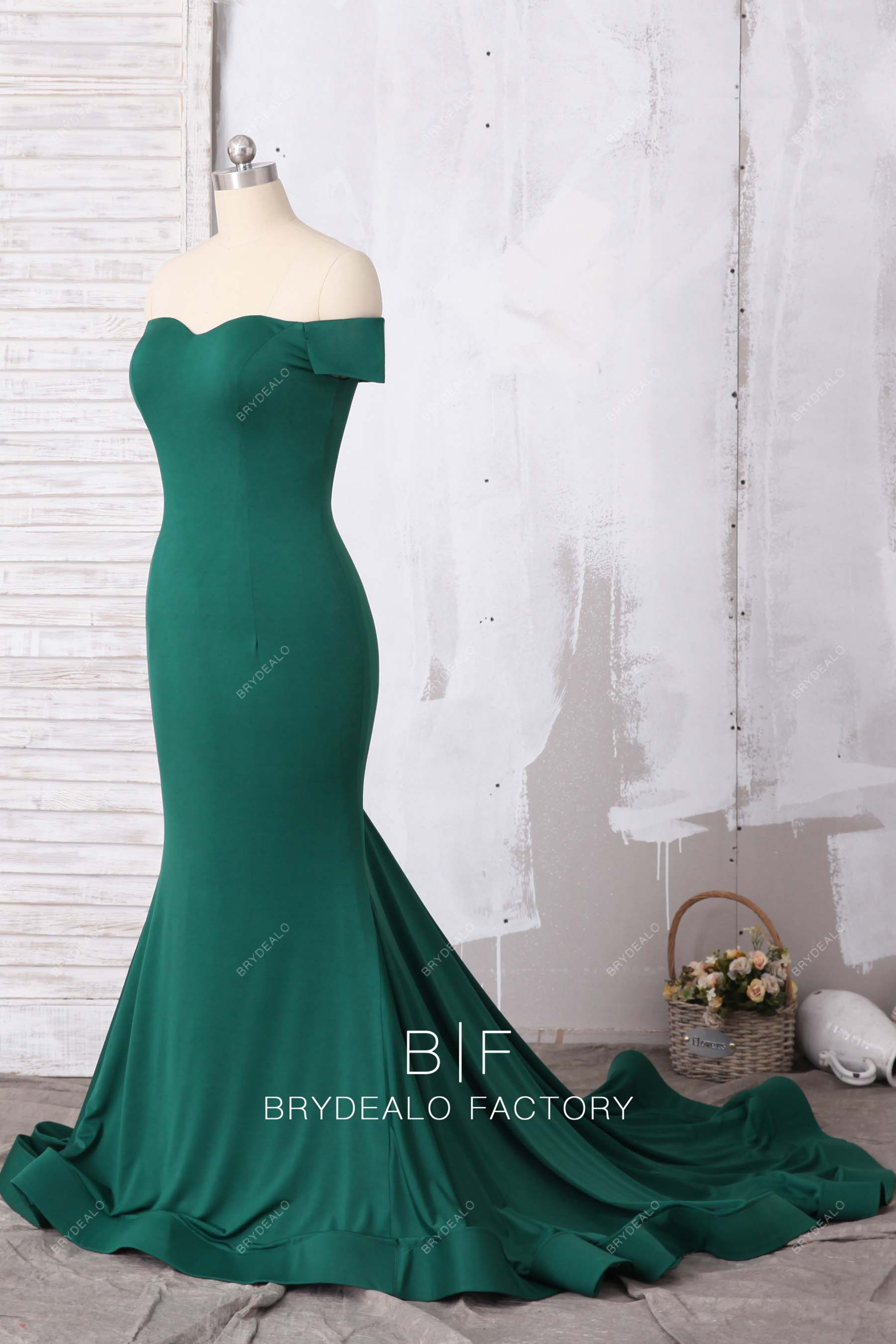 off shoulder long train trumpet prom dress
