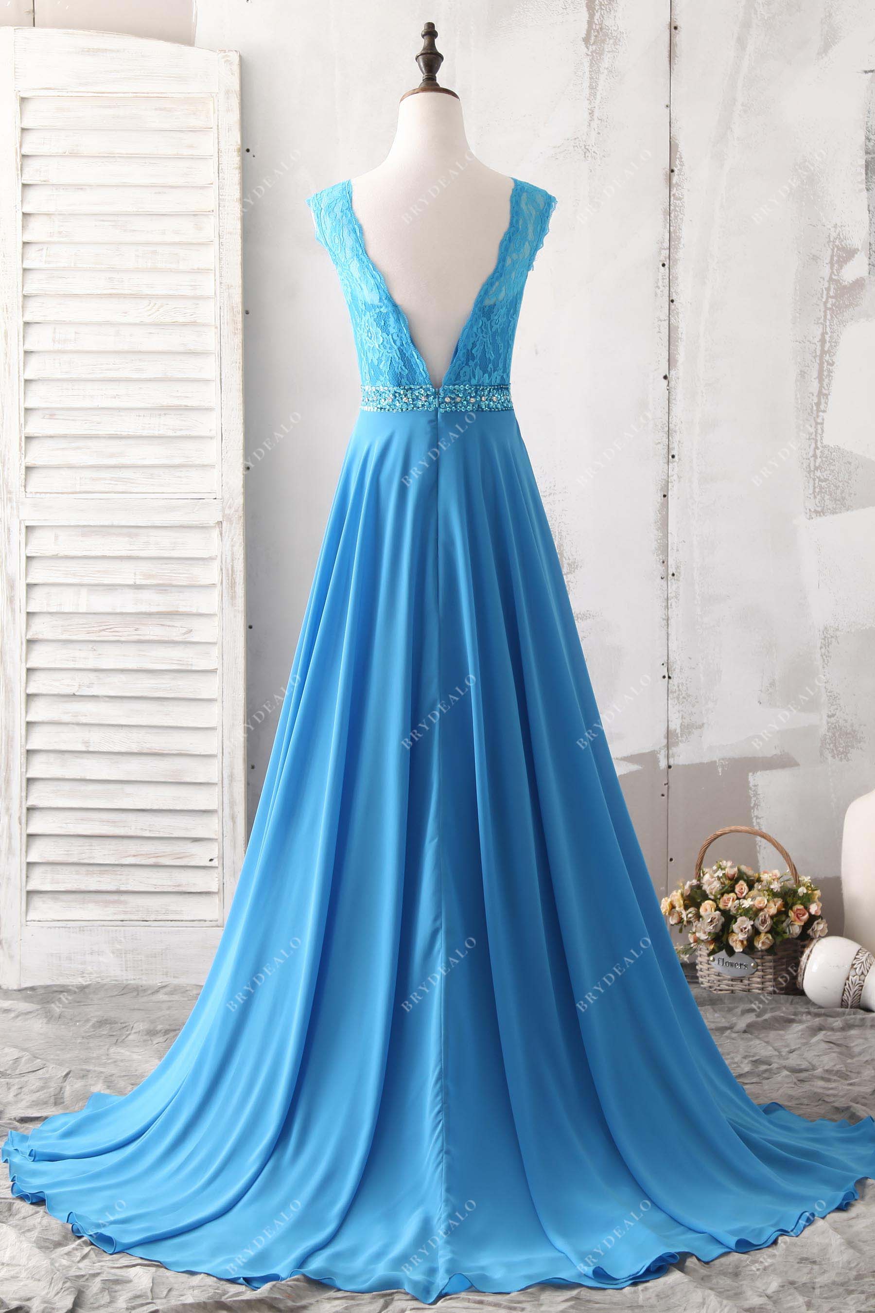 lace v-back sweep train prom dress