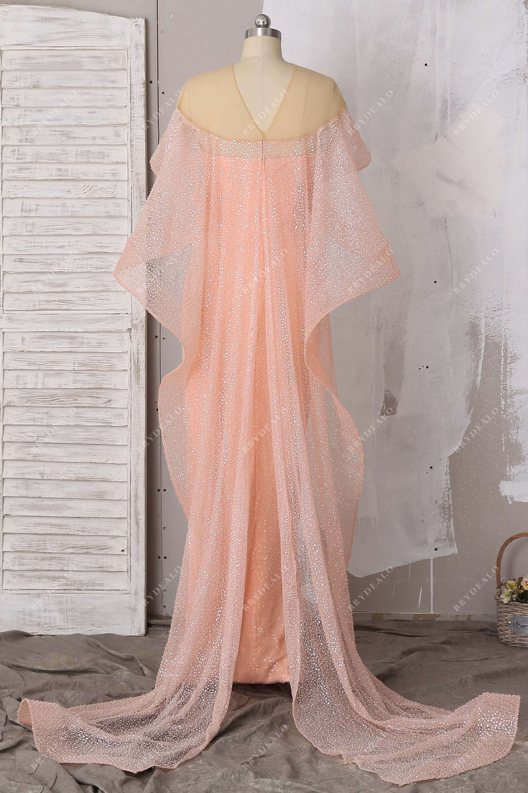 pink sequins ruffled cape formal dress