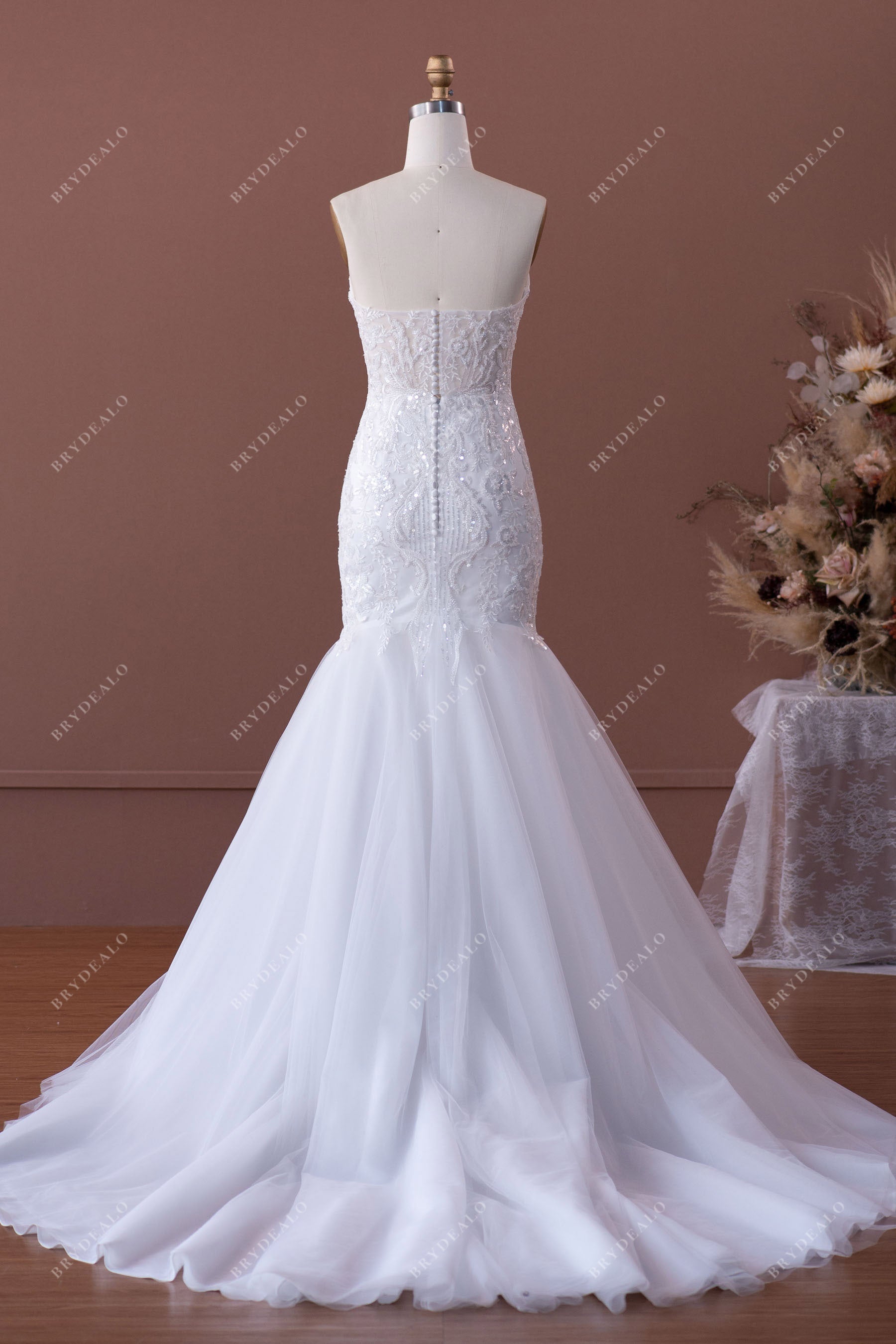 open back long train bridal dress