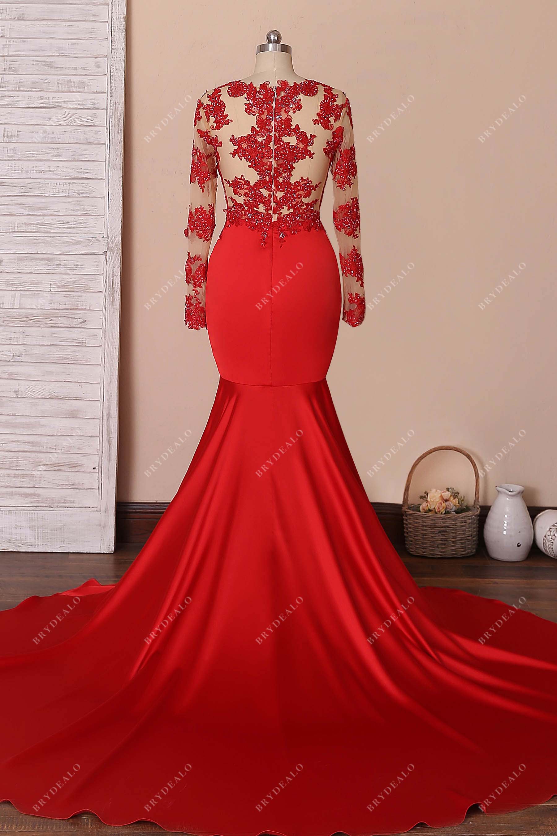illusion back long sleeve trumpet formal dress