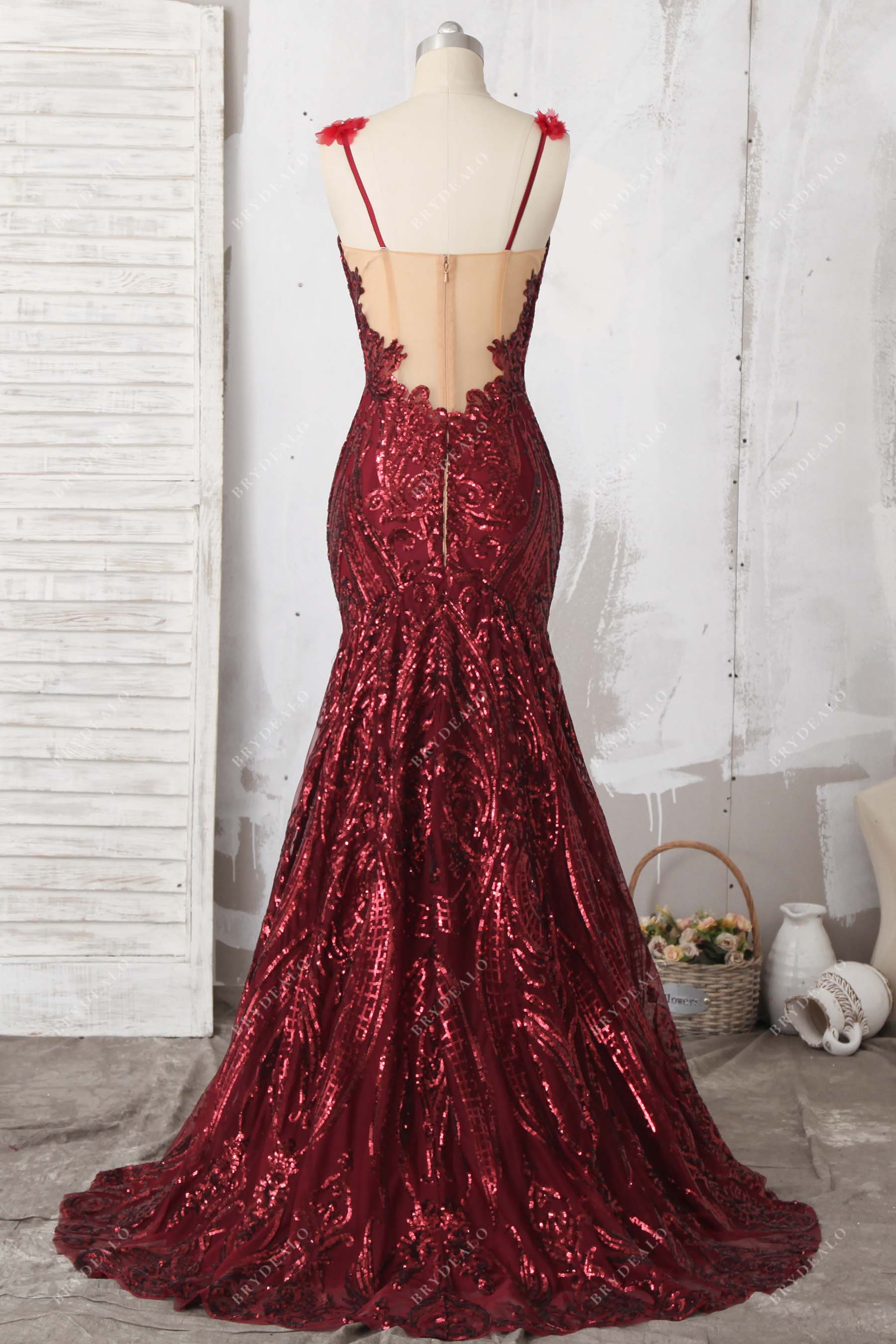 illusion back thin straps sequin unique prom dress