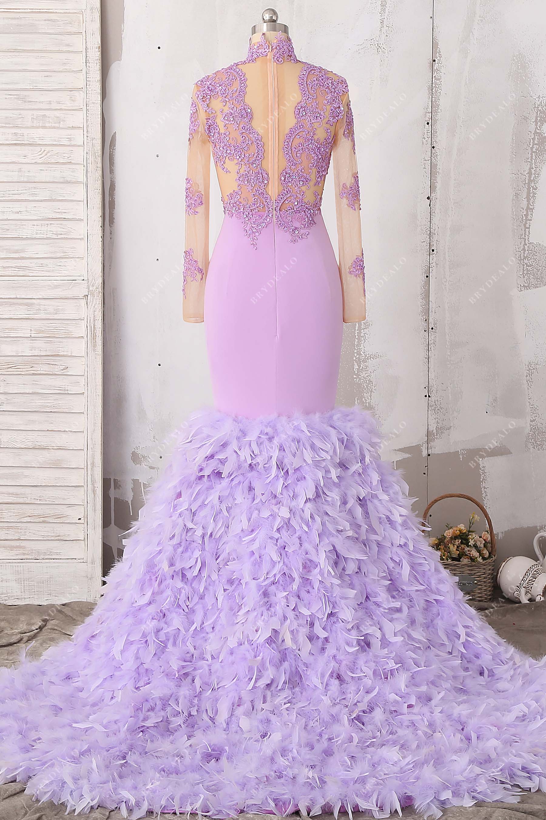 illusion long sleeves feather trumpet prom dress