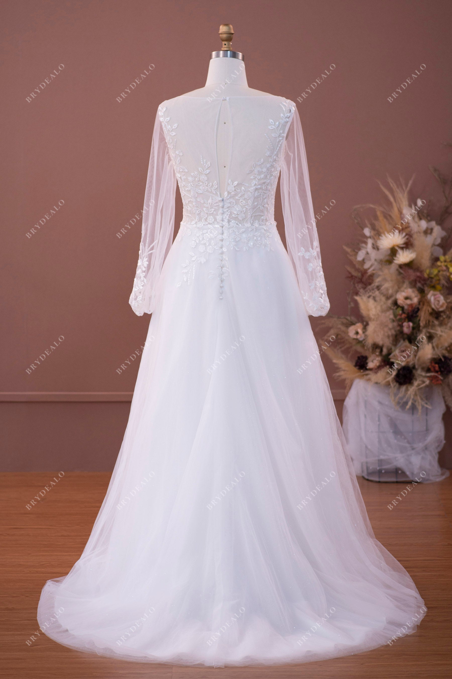 illusion back long sleeve sweep train wedding dress