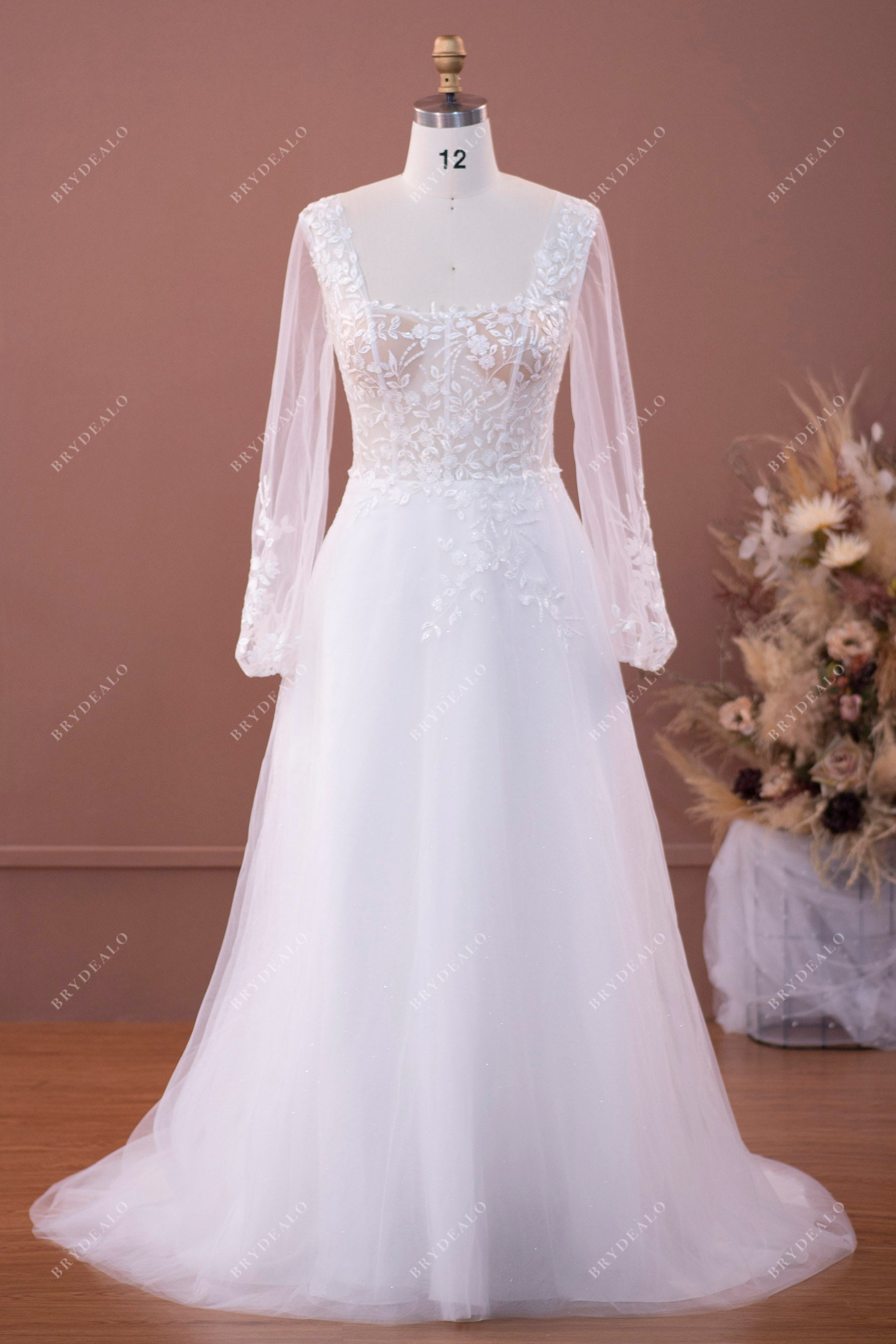 square neck A-line lace wedding dress