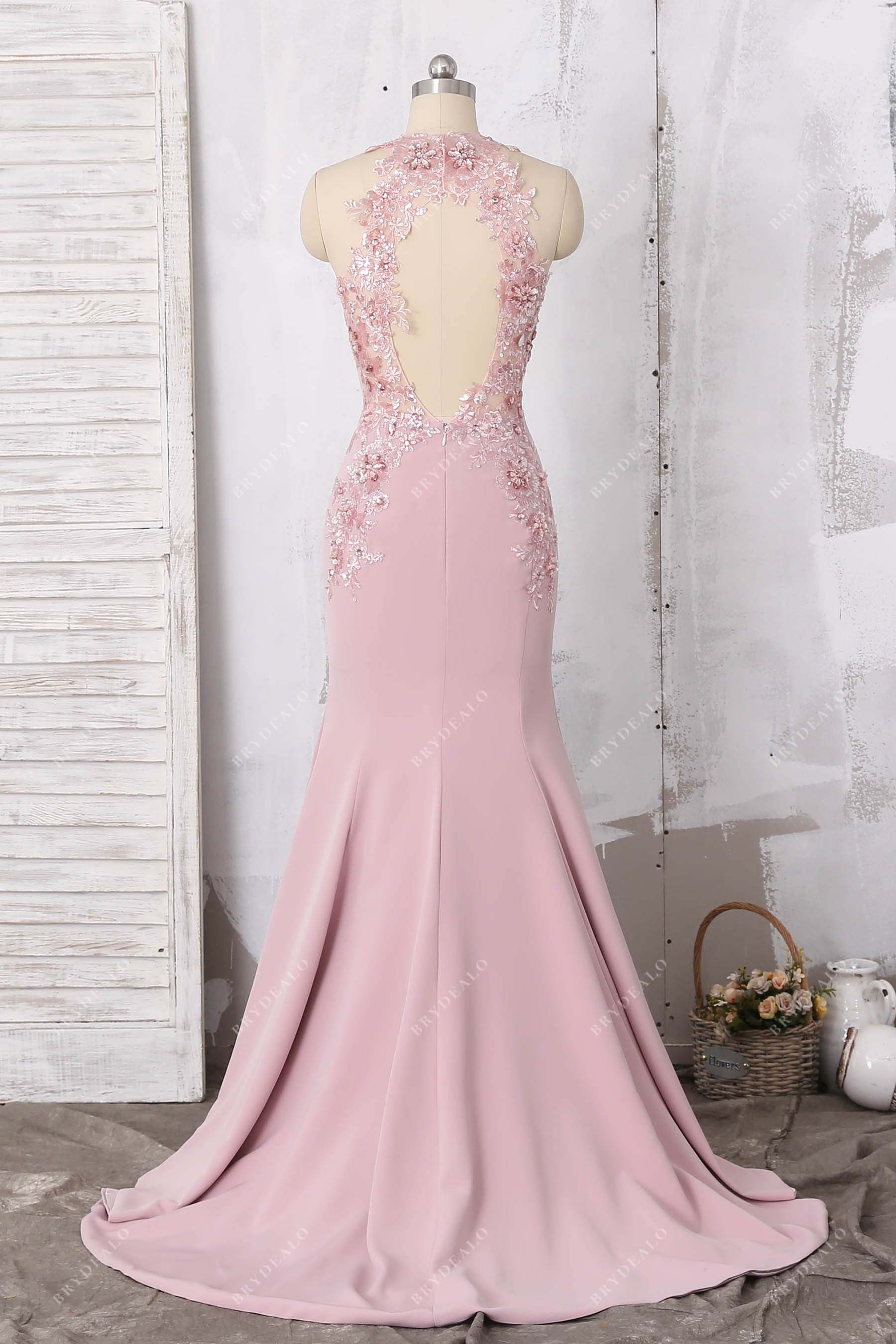 illusion lace open back trumpet prom dress