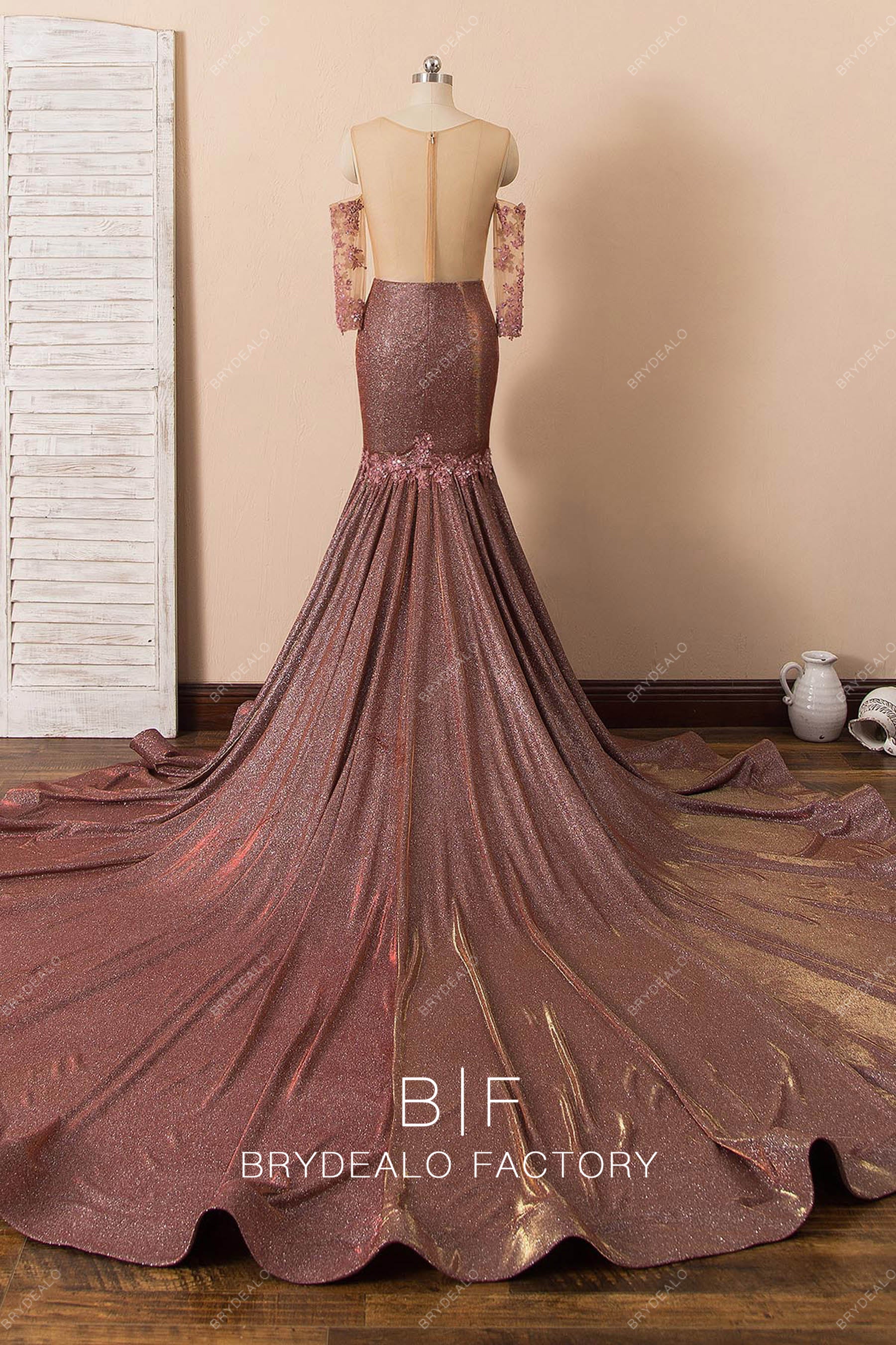 detachable sleeve illusion back formal dress