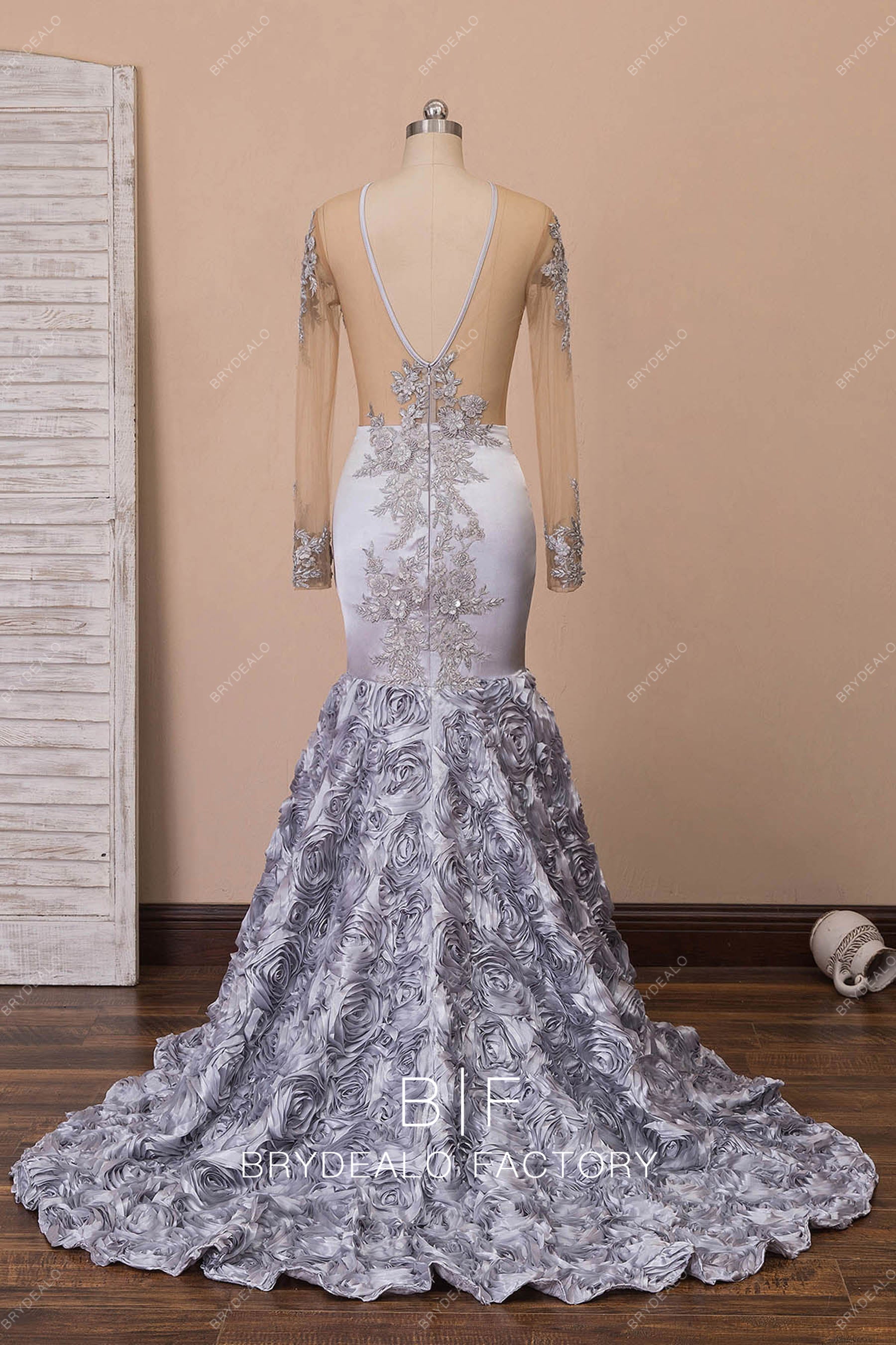sheer v-back 3D roses long train formal dress