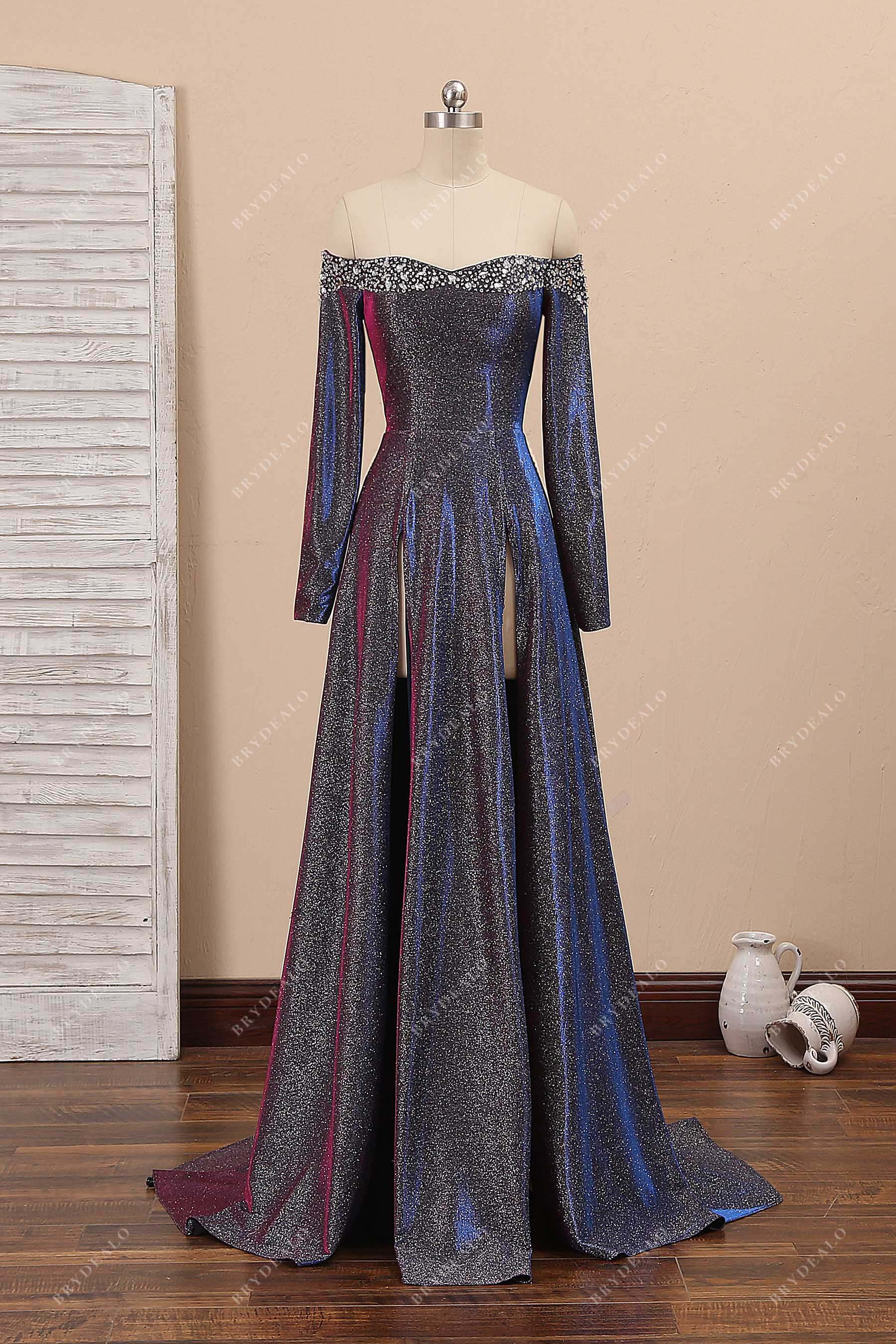fuchsia off shoulder long sleeve slit prom dress
