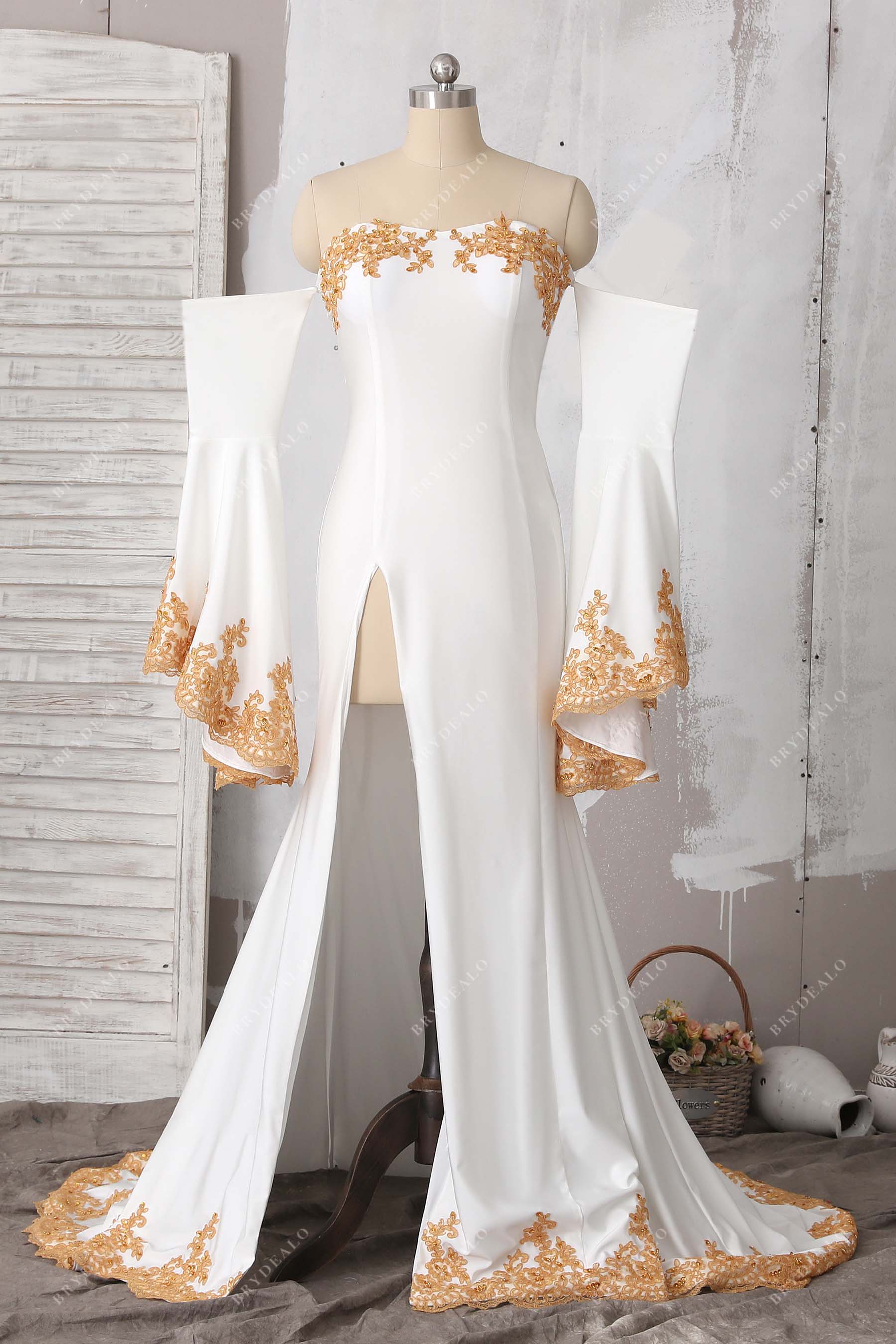 ivory off shoulder slit mermaid prom dress