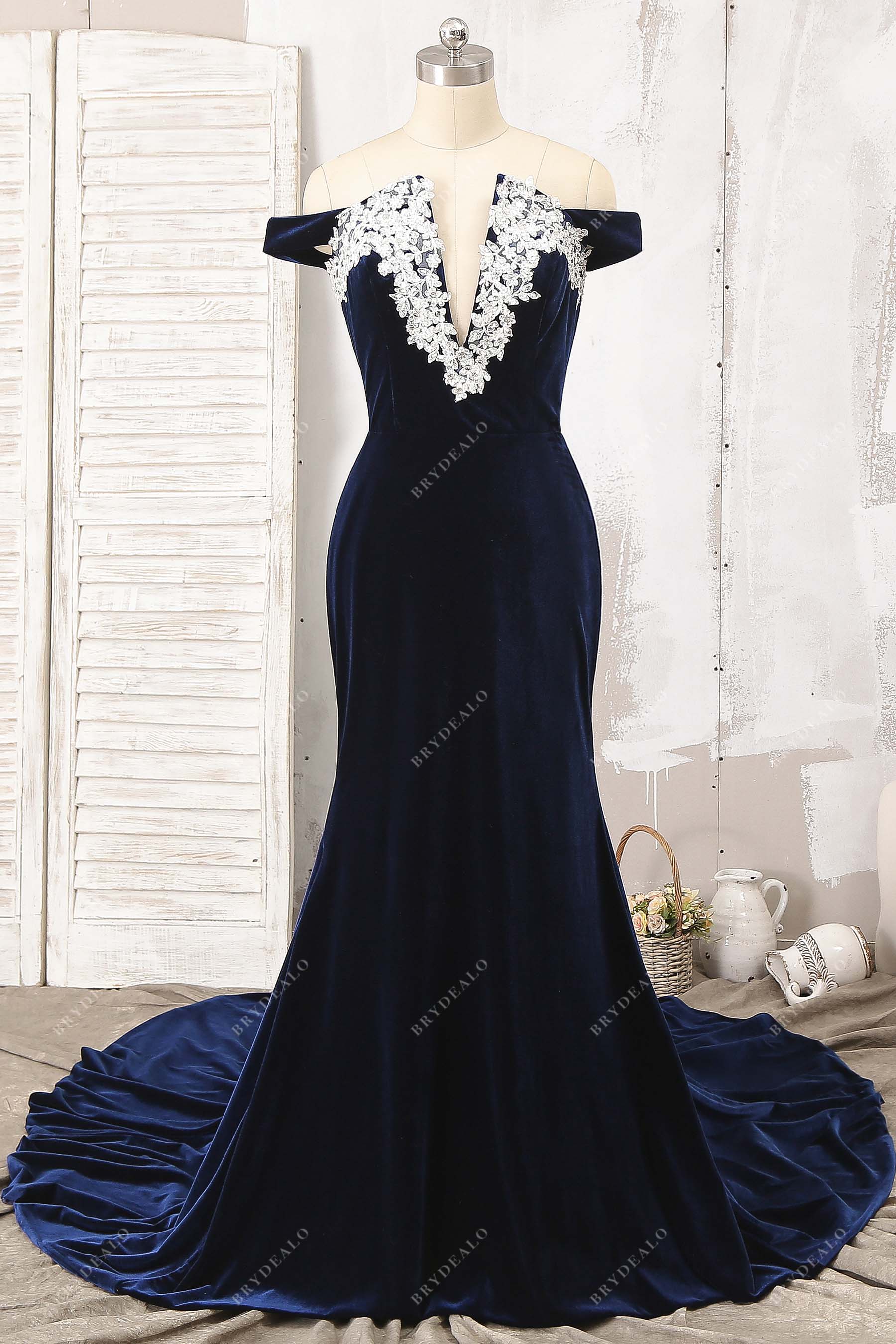 off shoulder plunging neck velvet prom dress