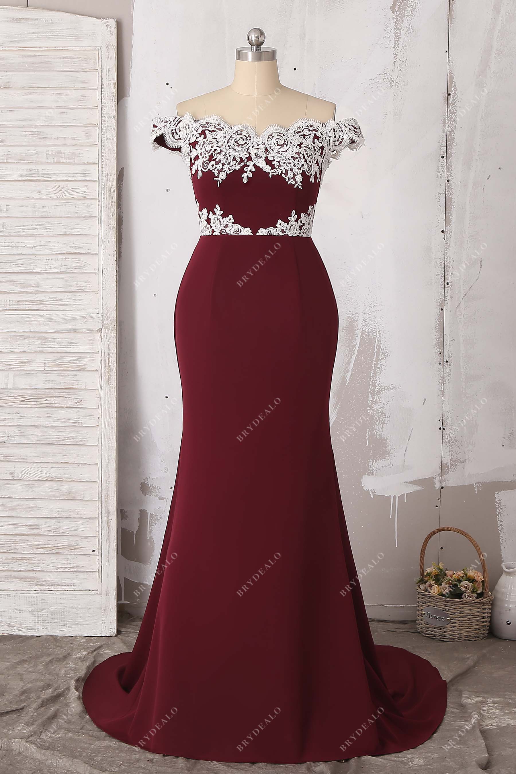 lace applique off shoulder mermaid prom dress