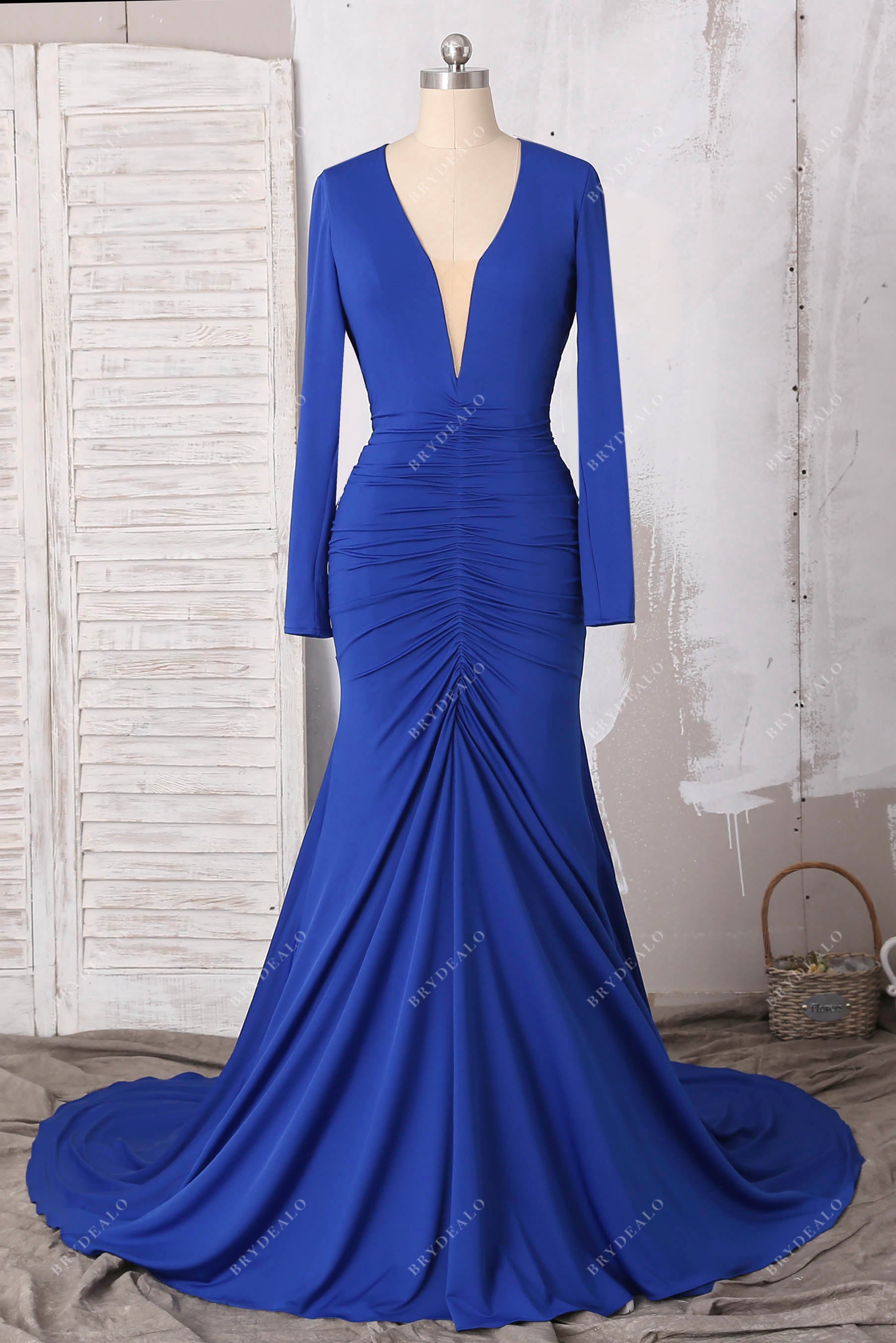 royal blue plunging neck pleated prom dress