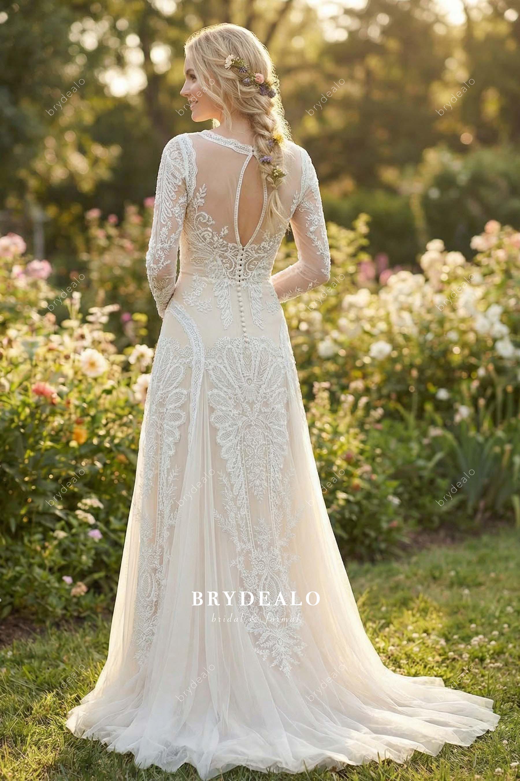 keyhole back court train lace wedding dress