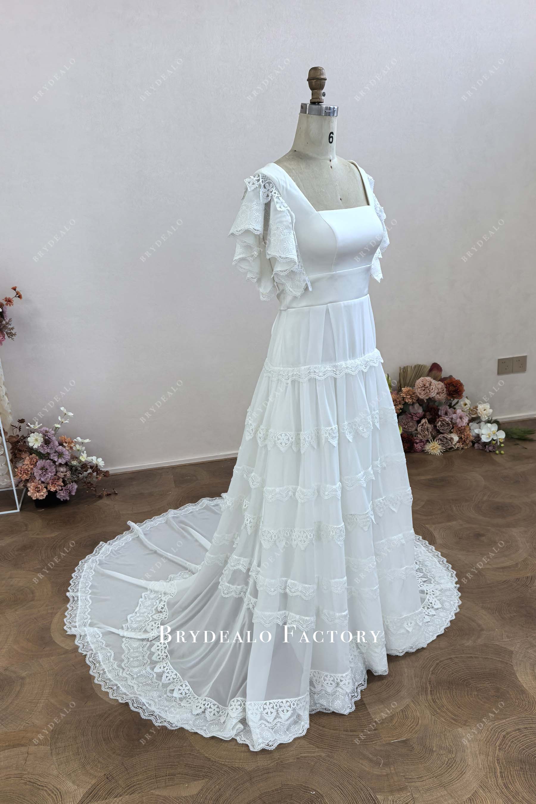lace flutter sleeves A-line wedding dress