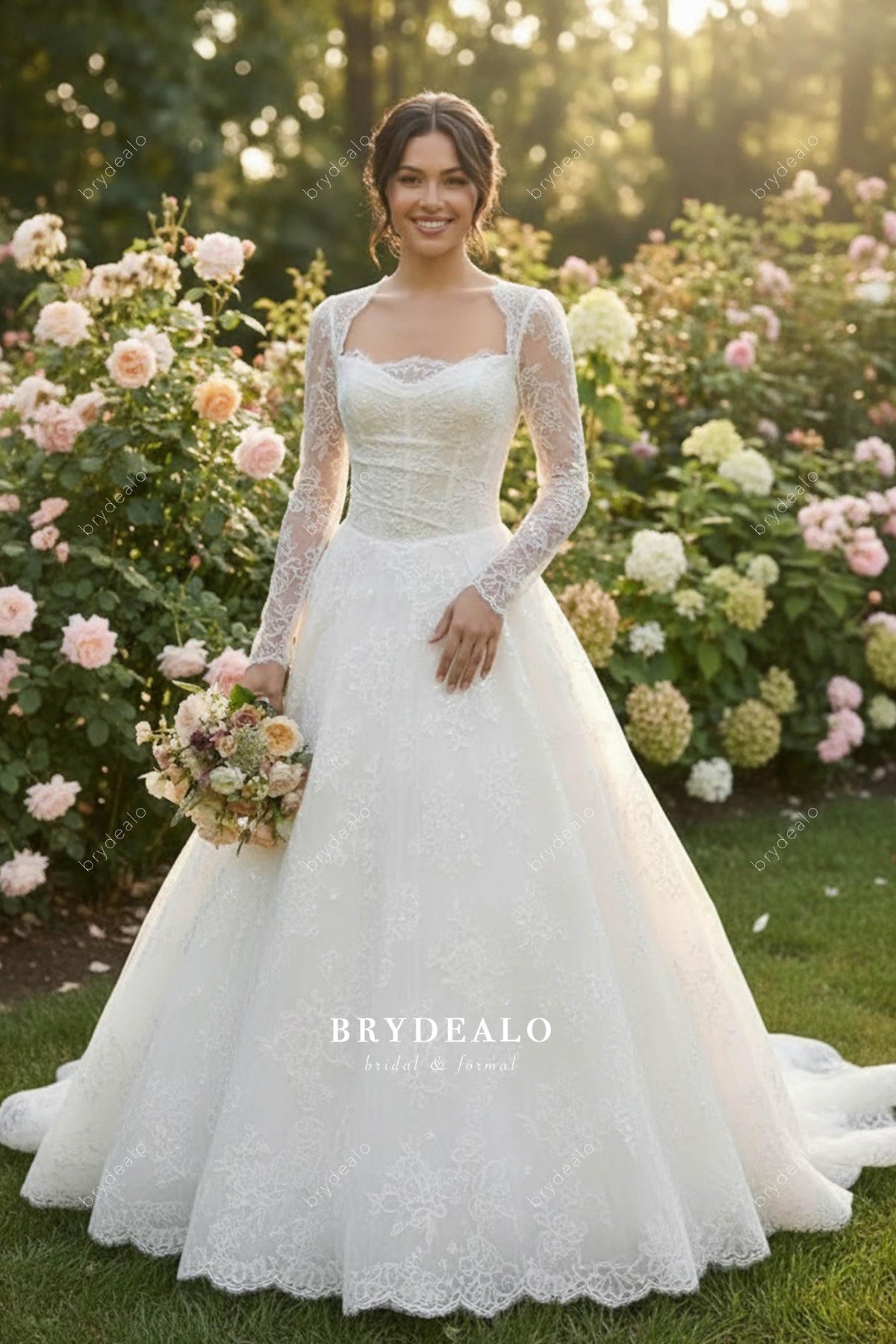 aline wedding dress long sleeve Queen Anne Lace A Line Wedding Dress Court Train – Brydealo