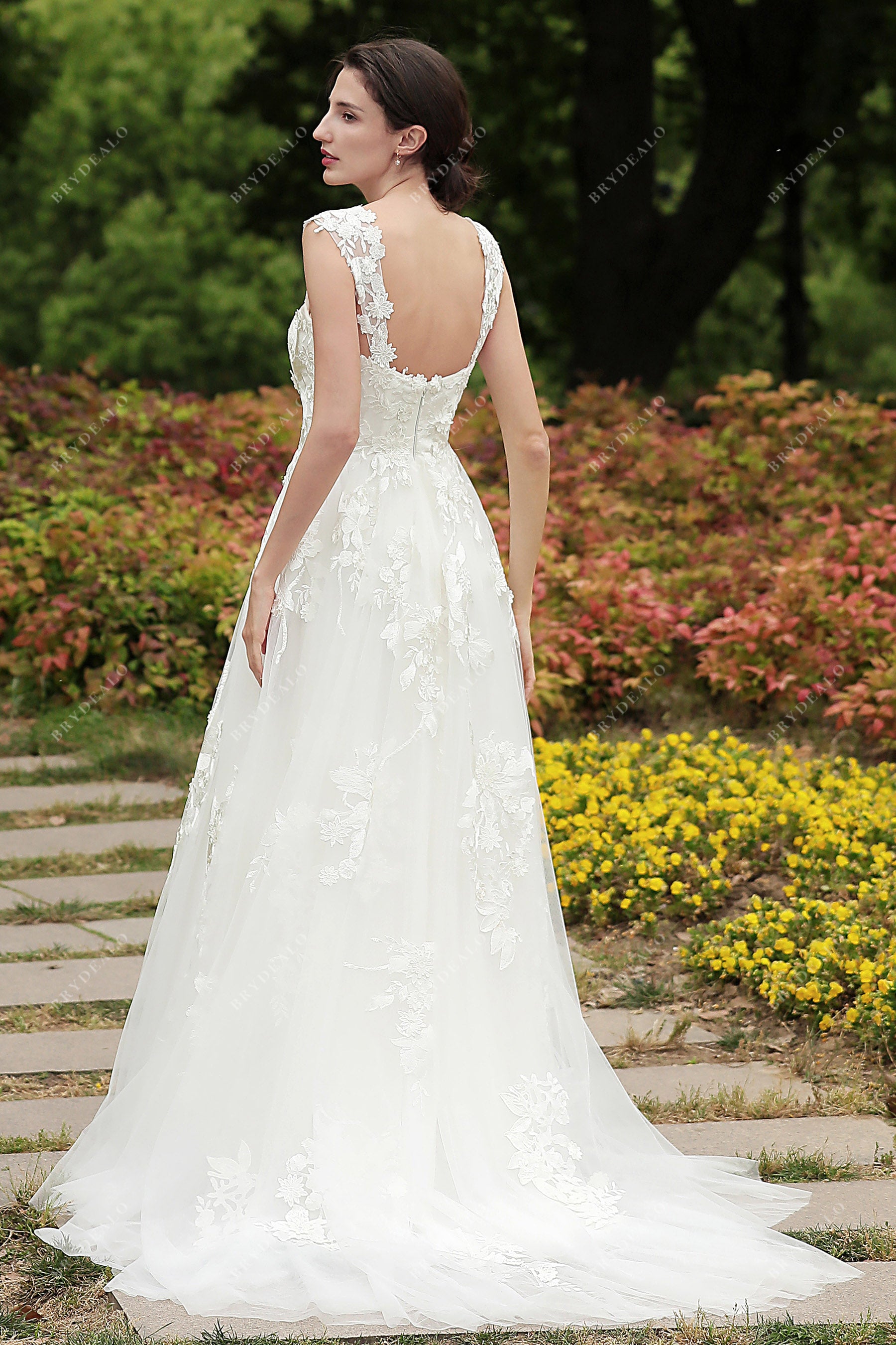 lace strap open back A-line wedding dress