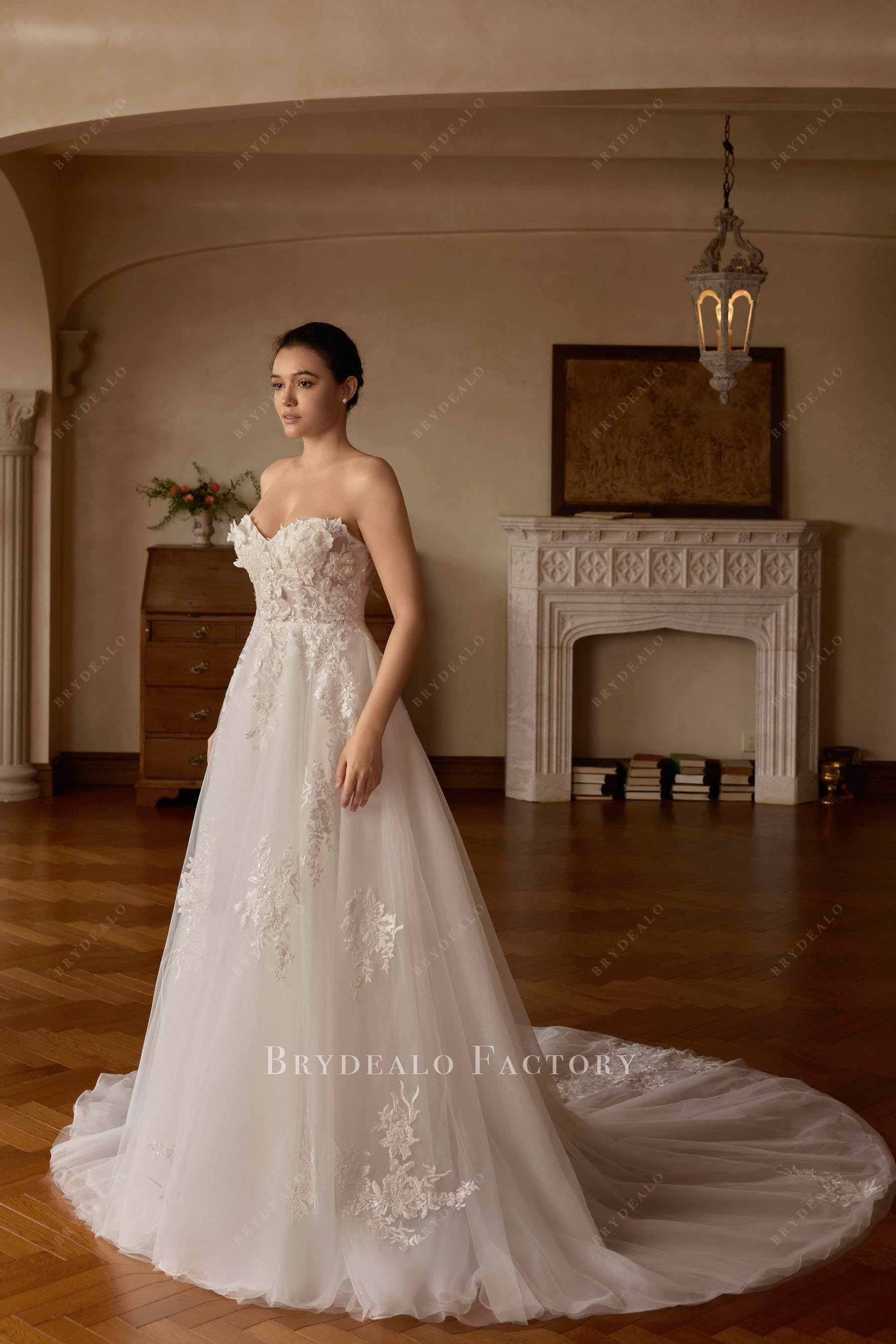 lace strapless long train wedding dress
